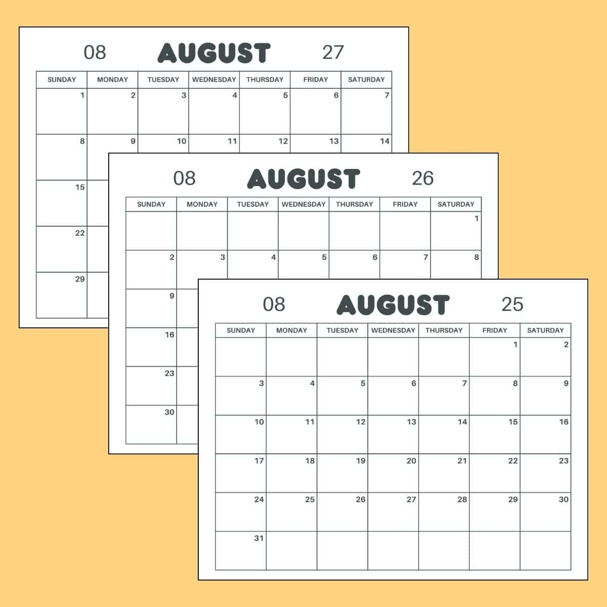 Free Printable August Calendar 2025 2026 2027 PDF Template
