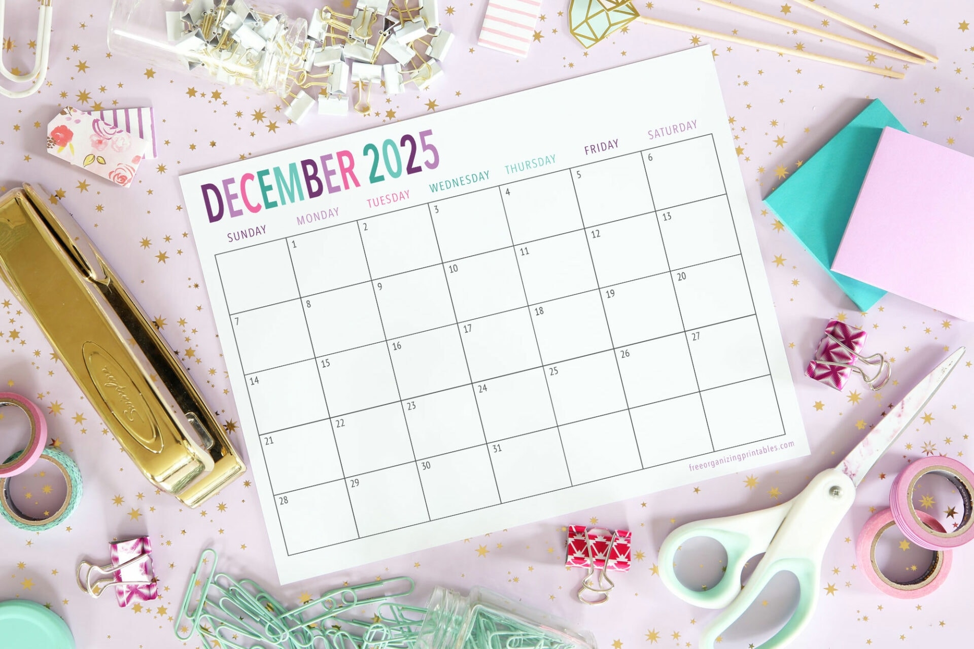 Pink December 2025 Printable Calendar