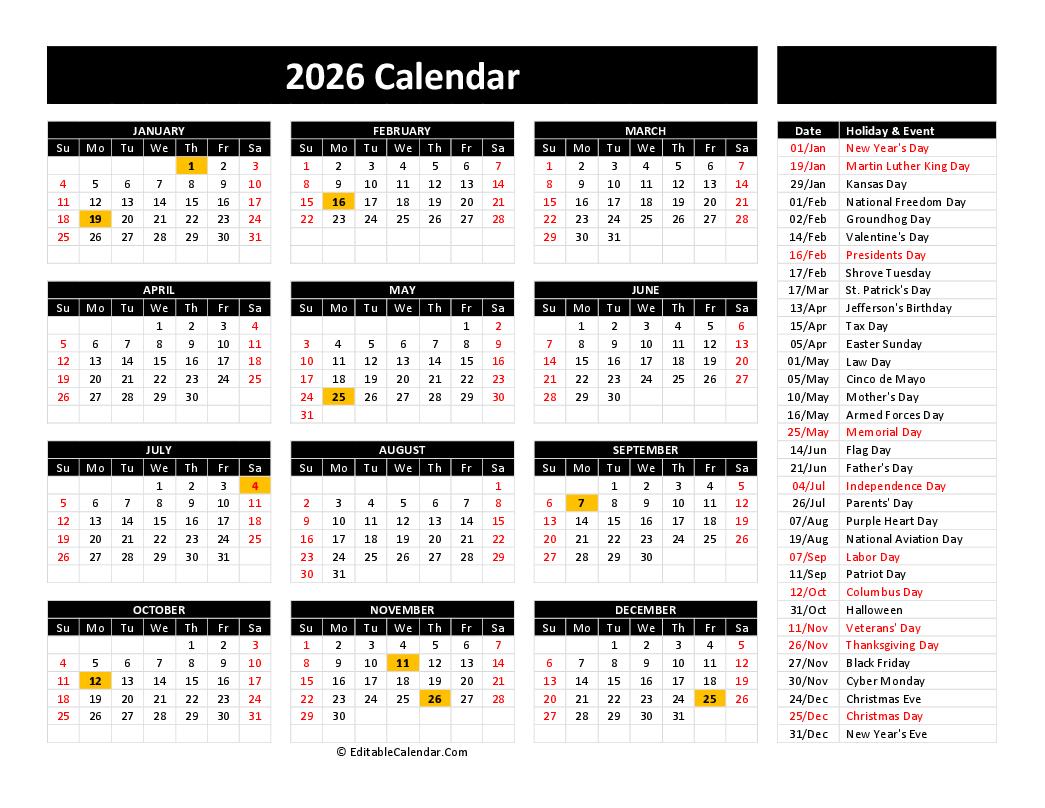 January 2026 Calendar Printable With Holidays