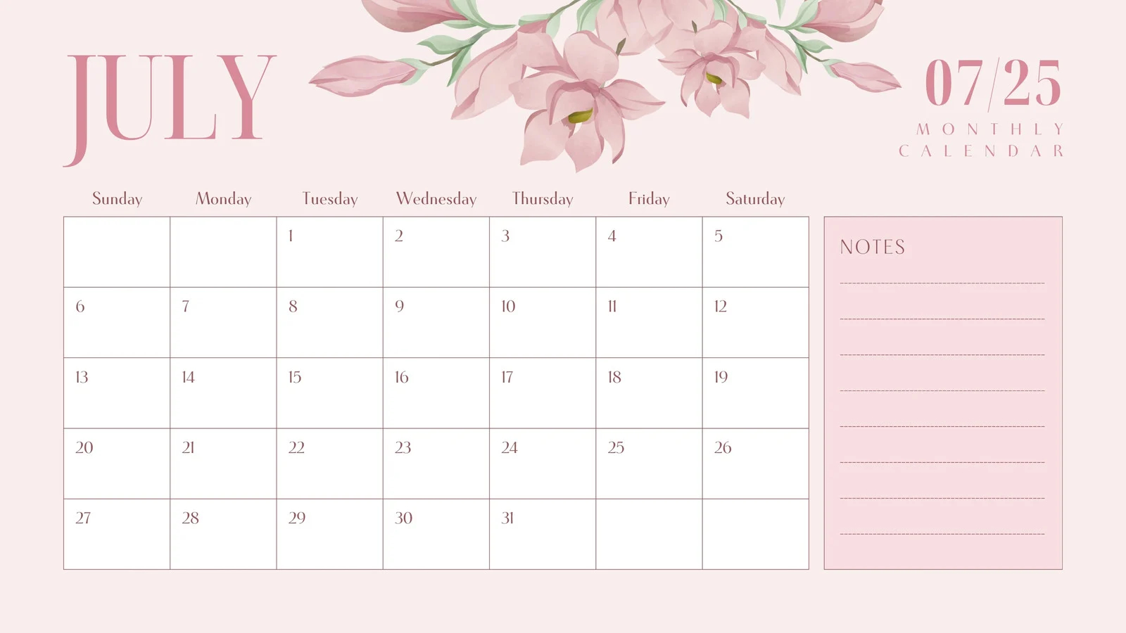 Free Printable Custom July 2025 Calendar Templates Canva