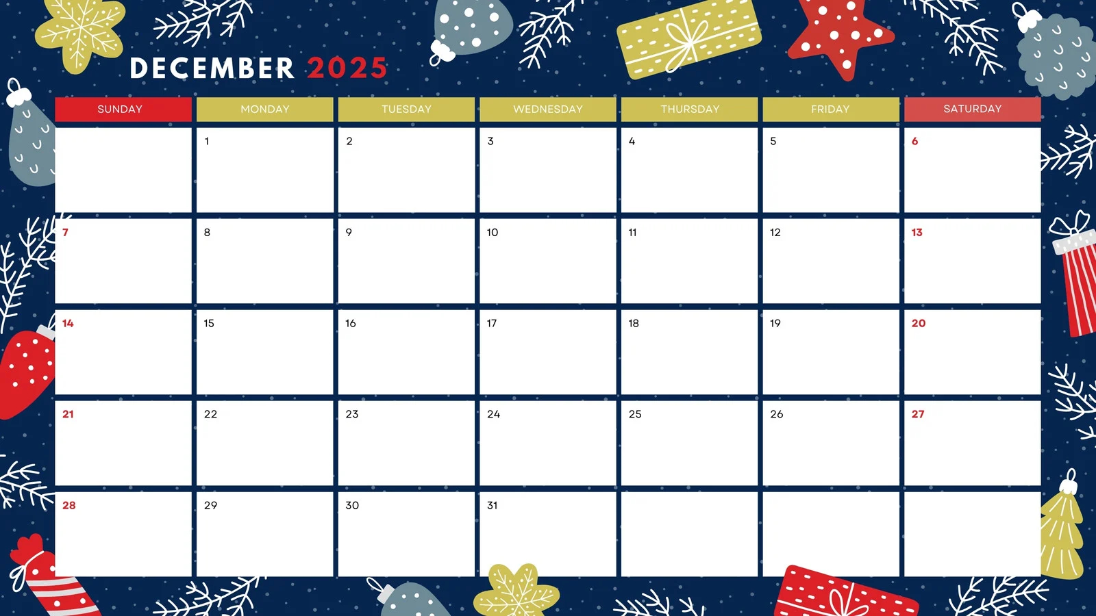 Free Printable December 2025 Calendar Templates Canva