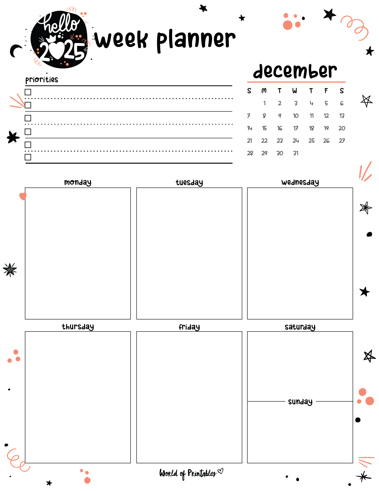 Printable Weekly Calendar December 2025