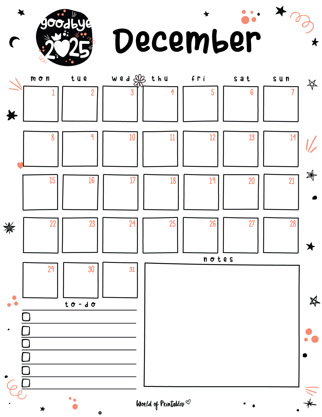 Pretty December 2025 Calendar Printable