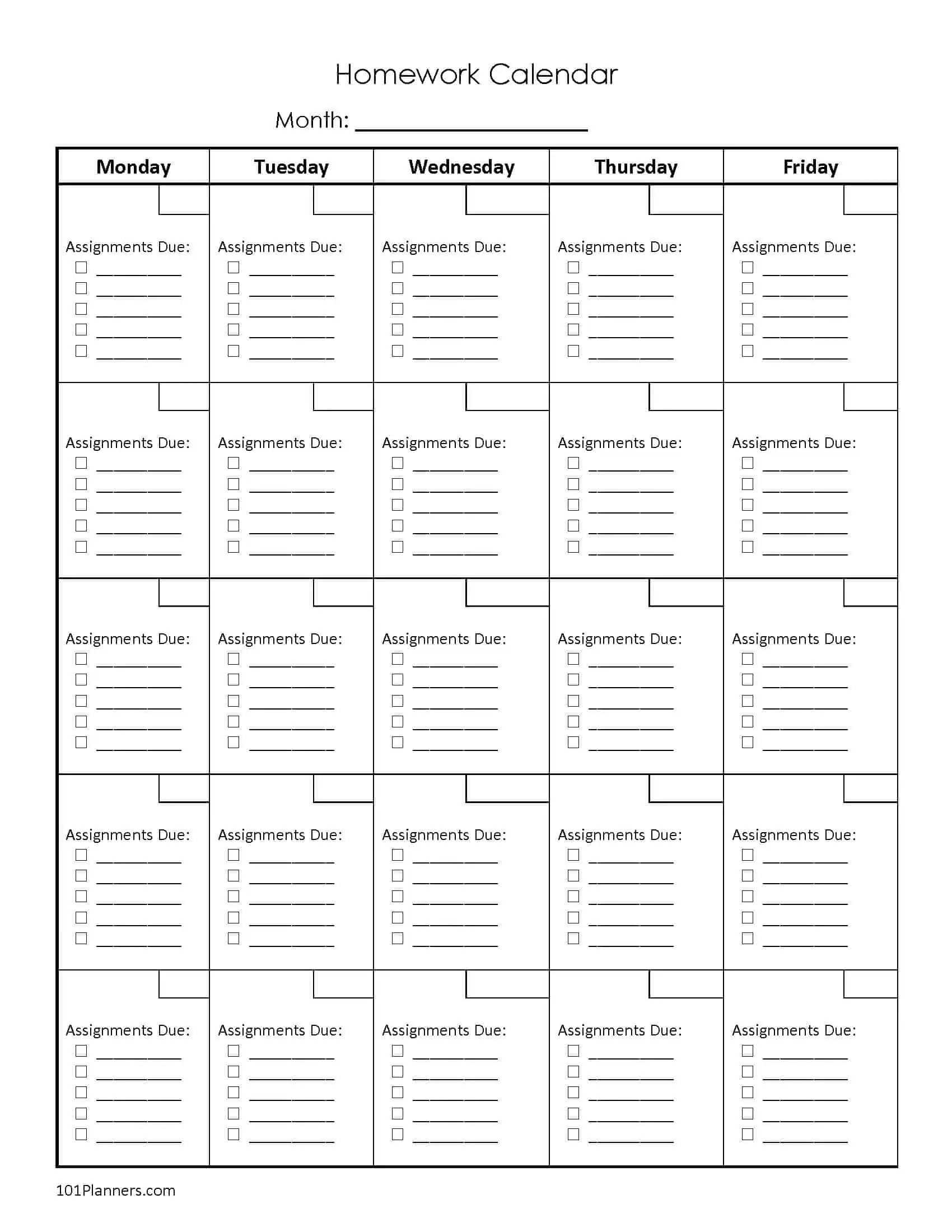 Printable Due Assignments Calendar Students