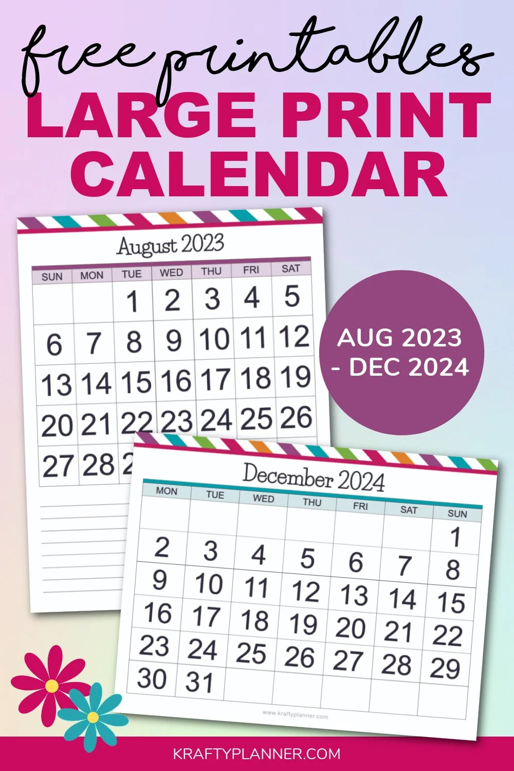 Free Printable Large Print Calendars August 2023 December 2024 Krafty Planner