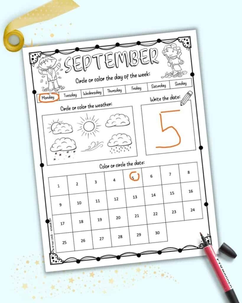 Free Printable September Calendar Worksheet For Kids The Artisan Life