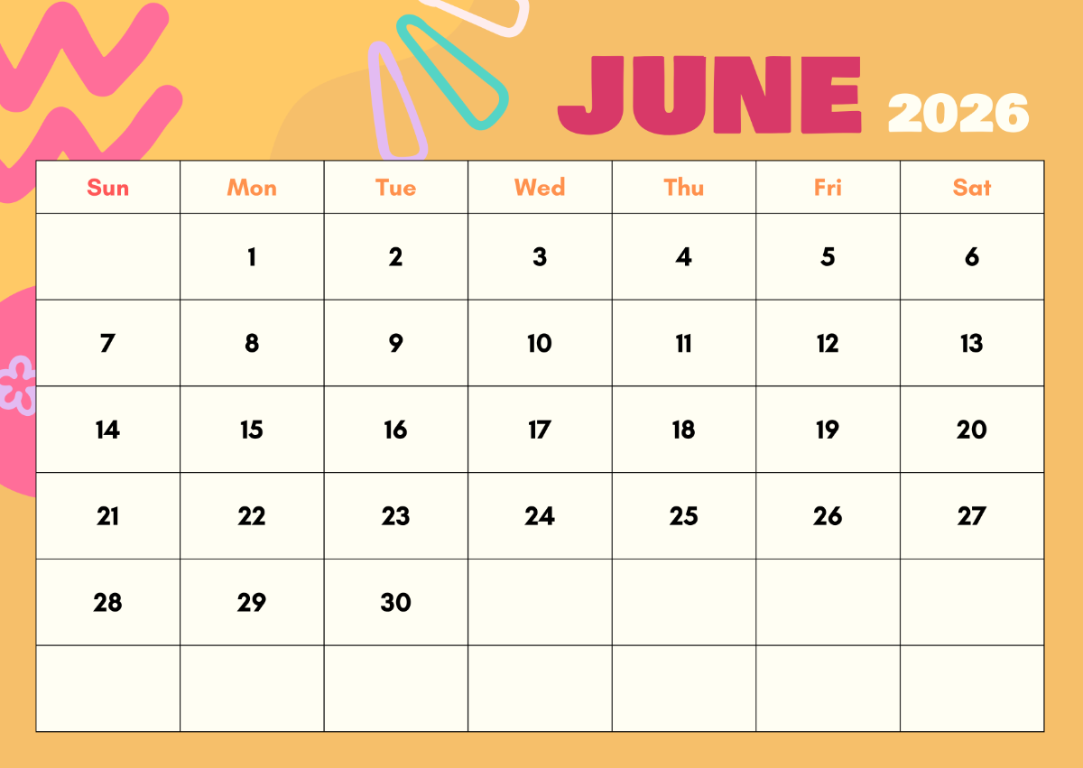 Free Professional June 2026 Yearly Calendar Template To Edit Online