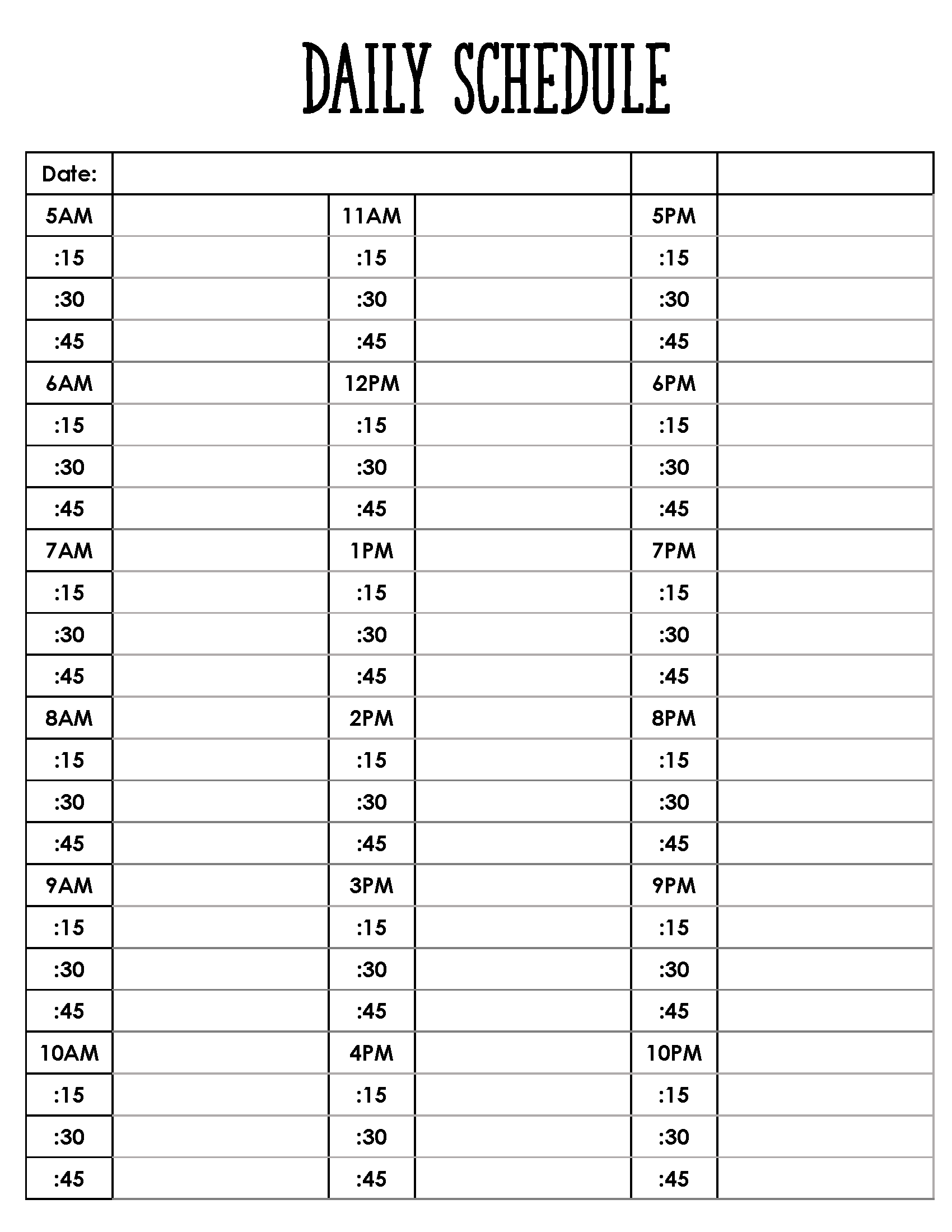 Printable Daily Calendar 15 Min Intervals