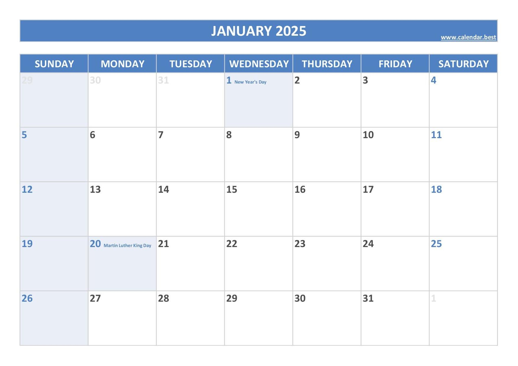 Calendar 2025 Printable With Holidays