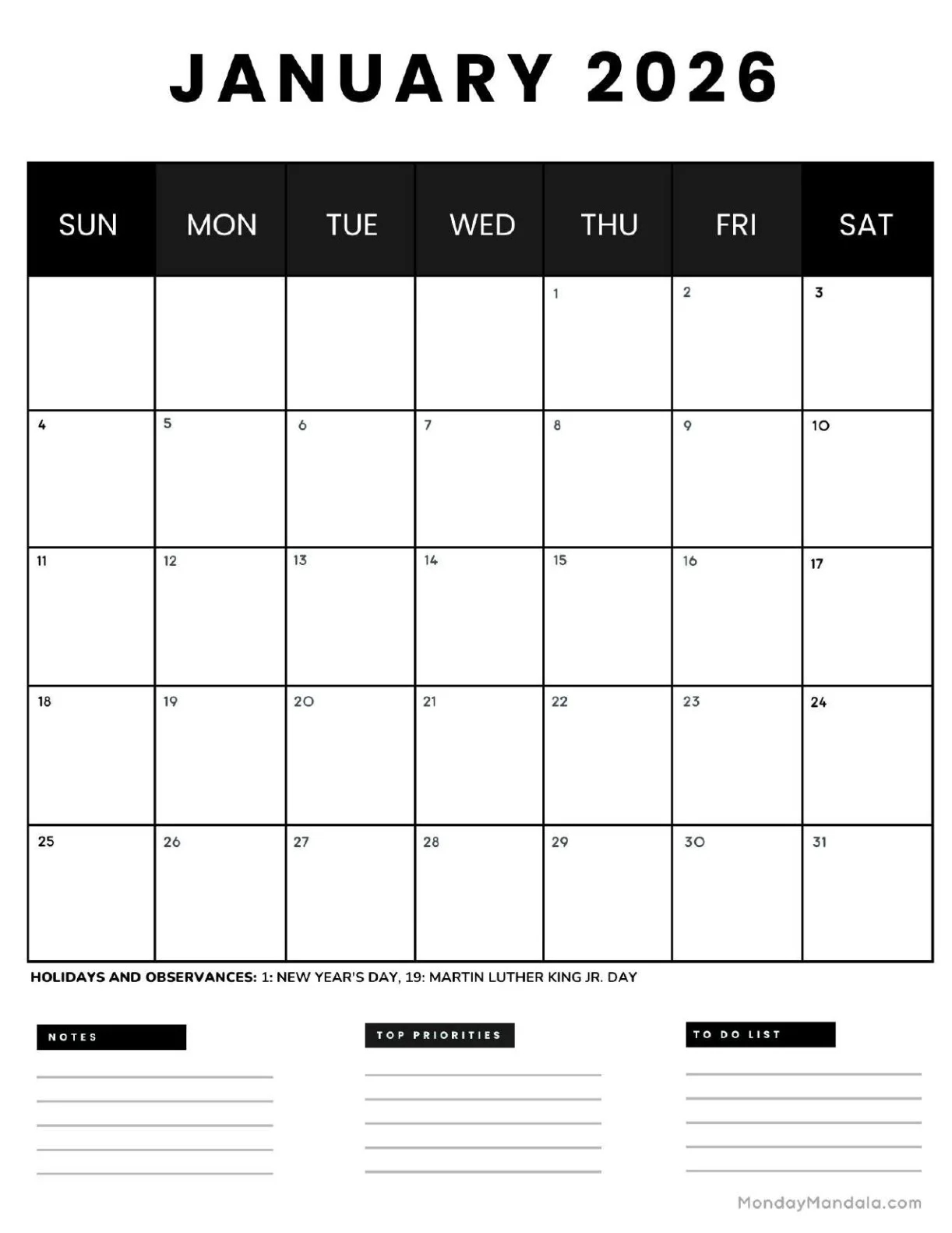 January 2026 Calendars Free PDF Printables 
