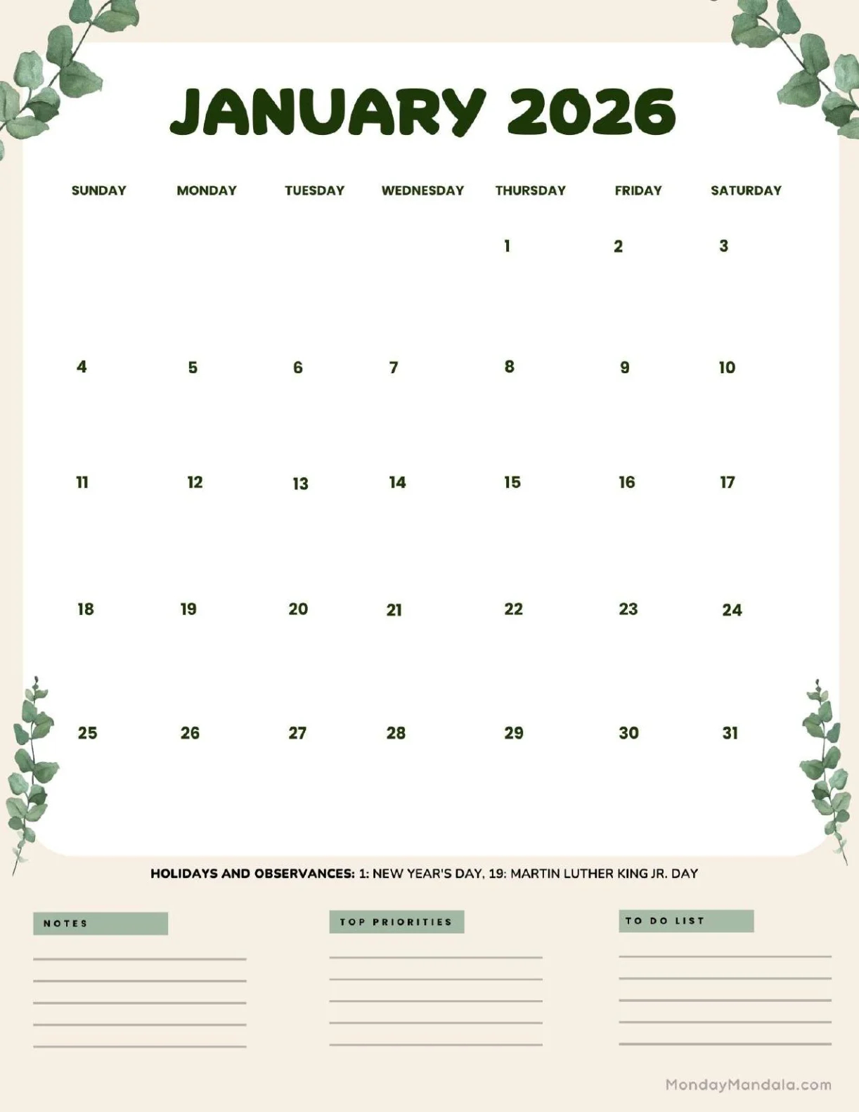 January 2026 Calendars Free PDF Printables 
