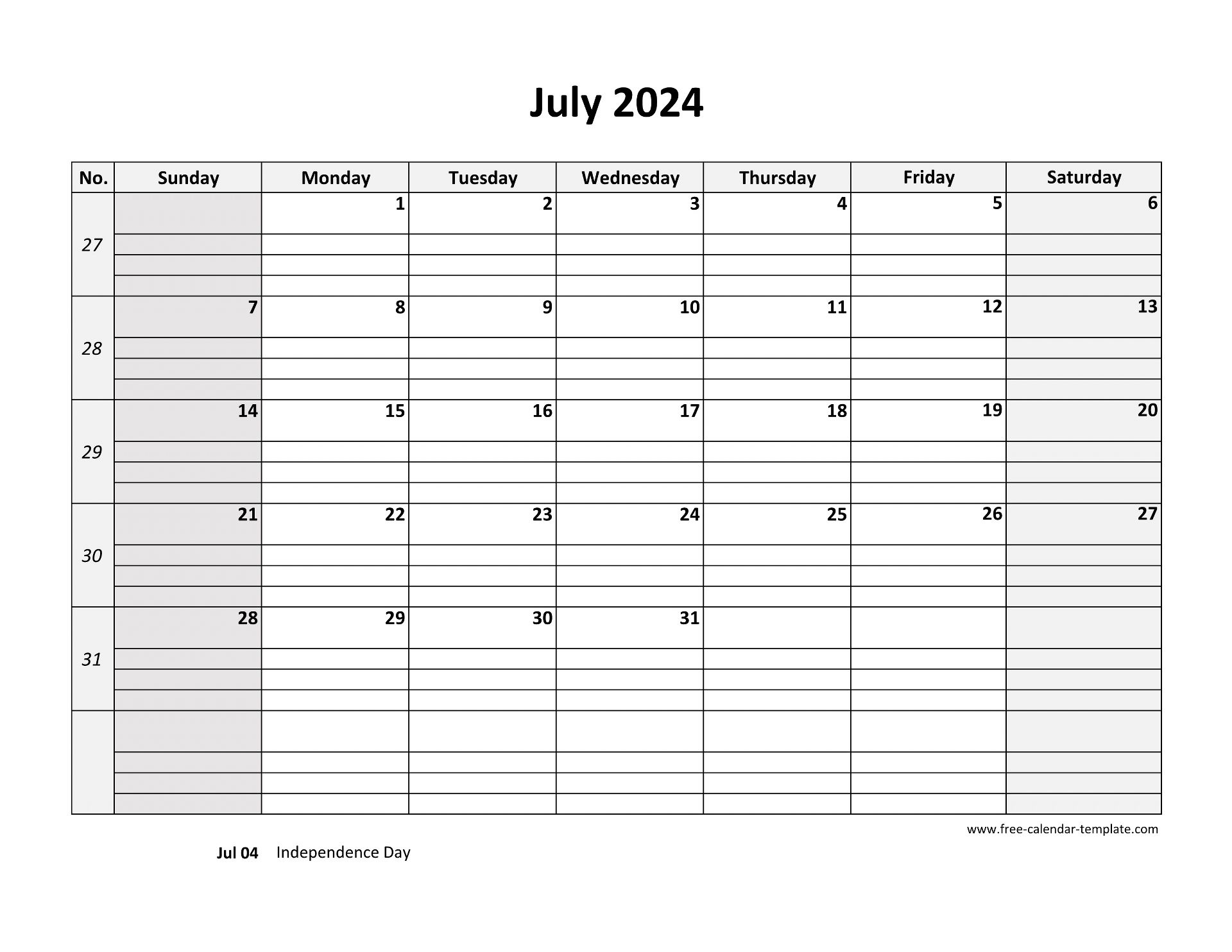 July 2024 Calendar Free Printable With Grid Lines Designed horizontal Free calendar template