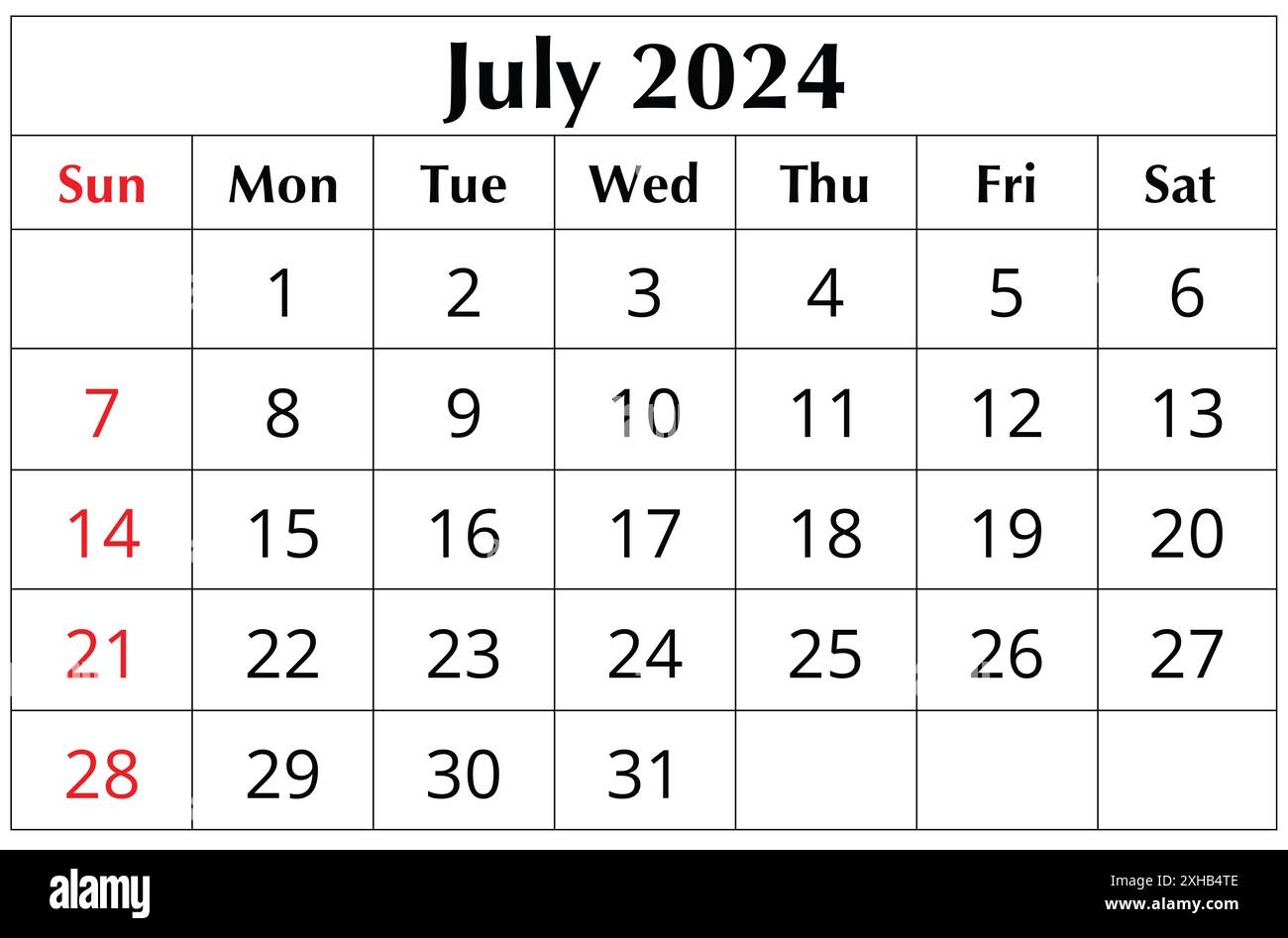 July 2024 ENGLISH Month Calendar Printable Illustration Monthly Planning Stock Photo Alamy