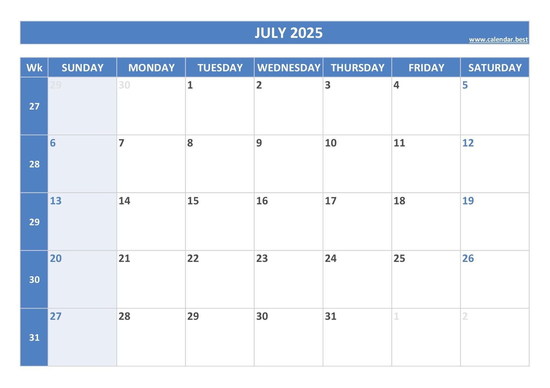 Printable Weekly Calendar July 2025