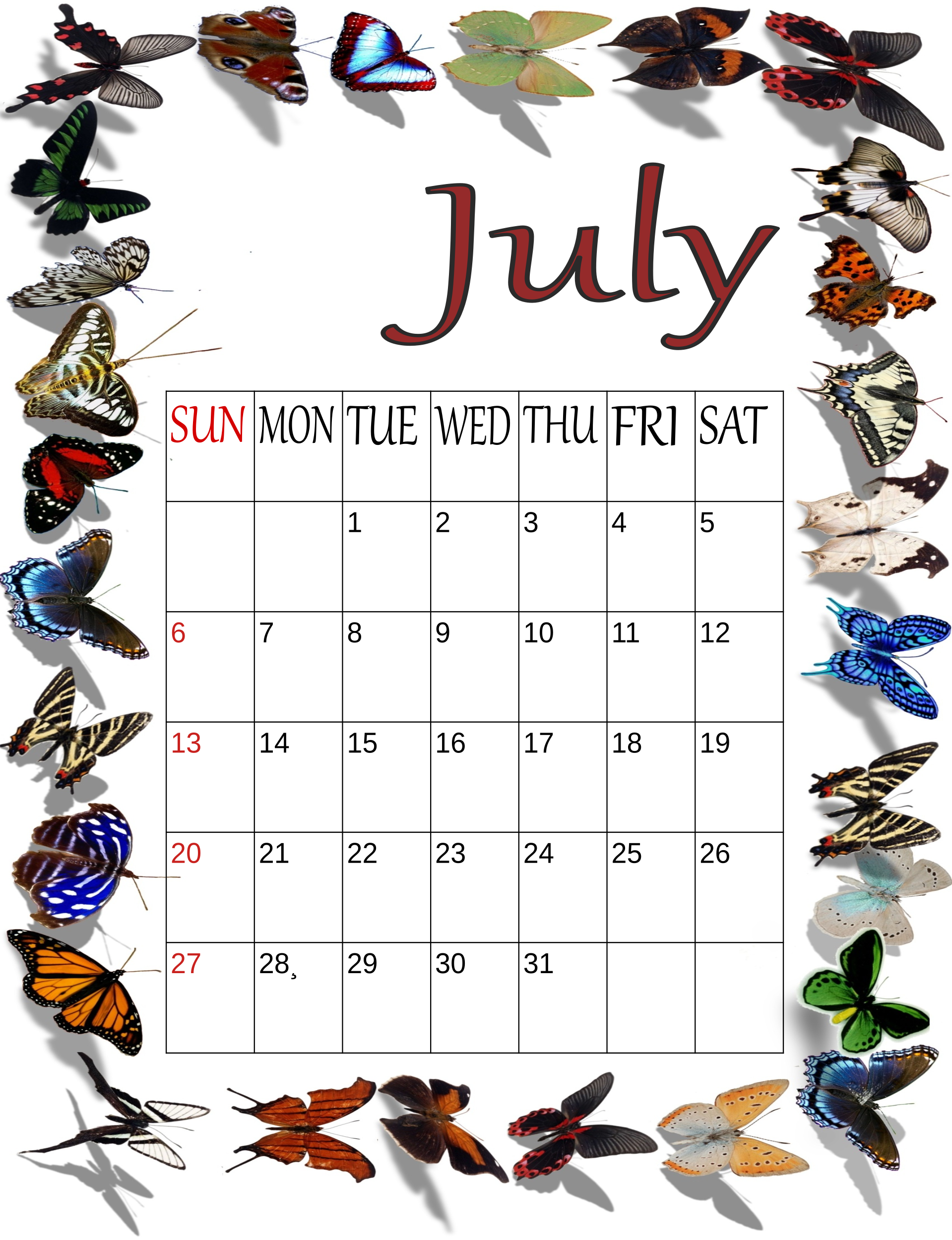 Printable July Month Calendar