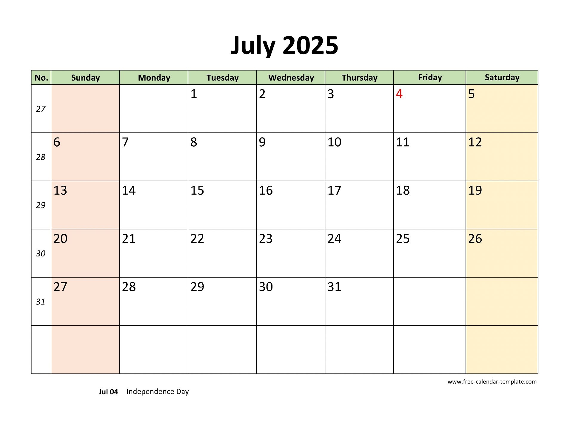 Printable Monthly Calendar July 2025