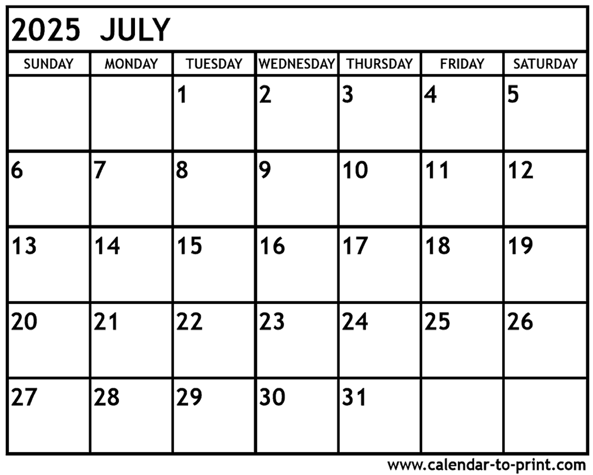 July 2025 Calendar Printable July 2025 Calendar Printable