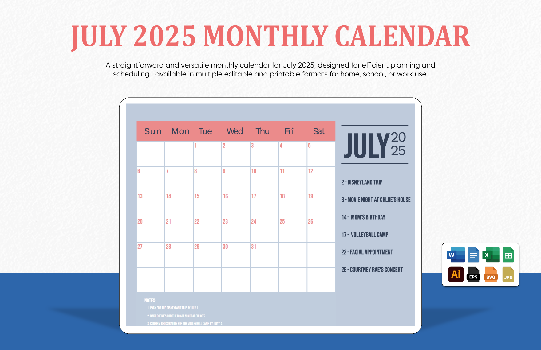 July Printable Calendar 2025 Word