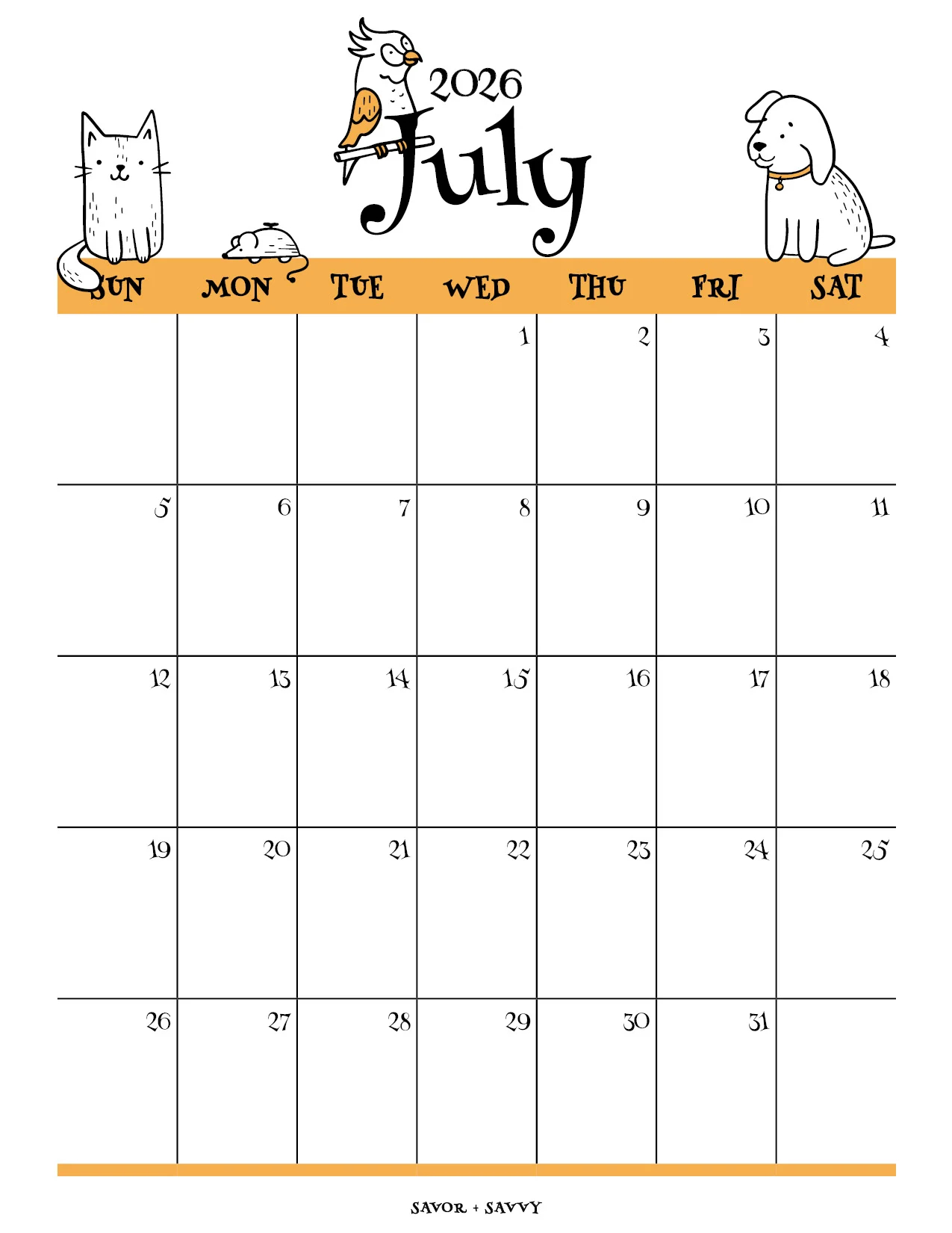 Free Printable July Calendar 2026