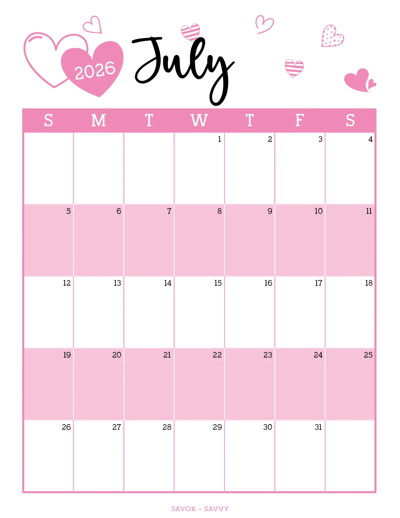 July 2026 Calendar Templates 14 Free Printables Savor Savvy