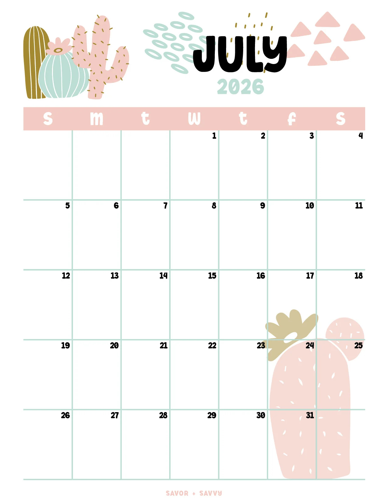 2026 Free July Printable Calendar