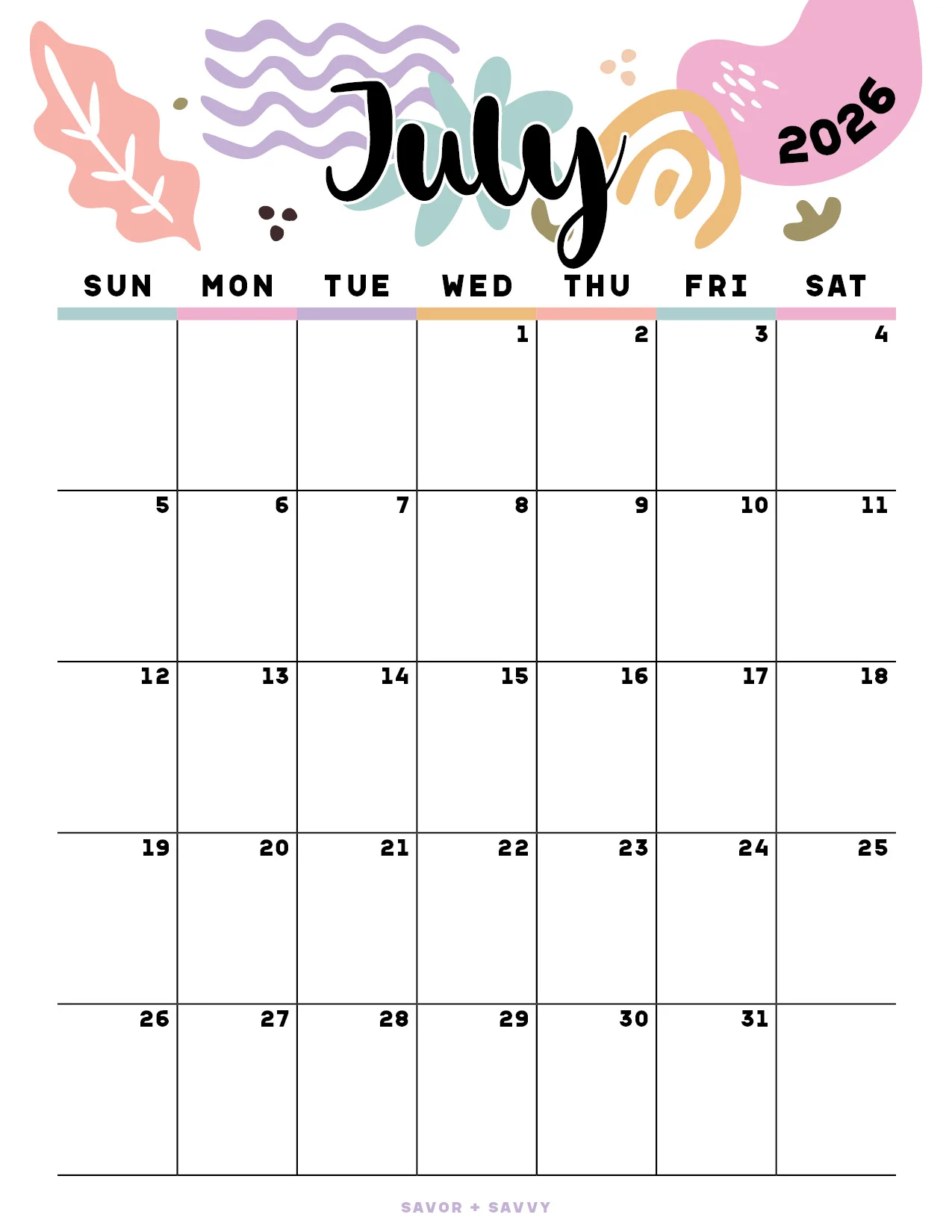 Printable July 2026 Calendar Ms Wword