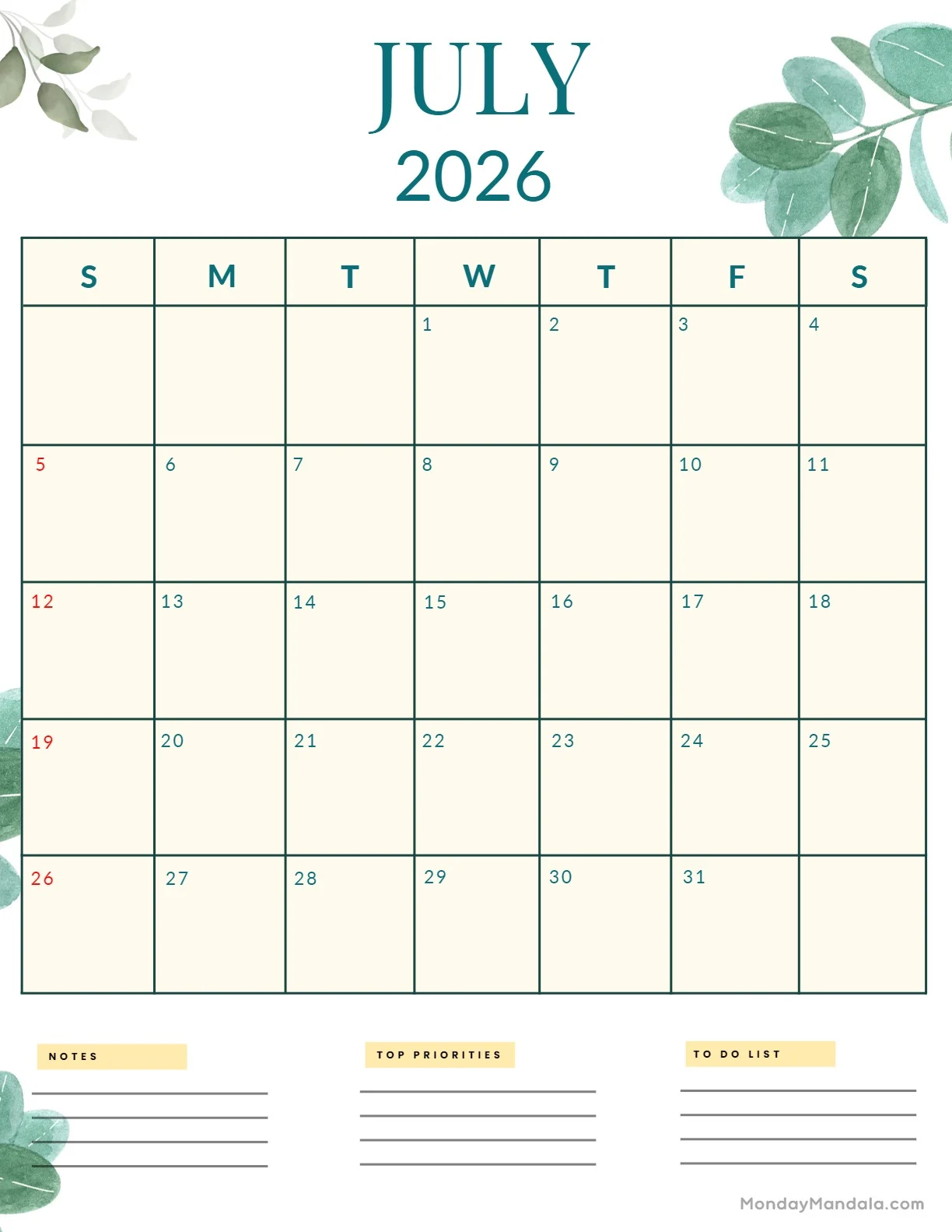 Printable July Calendars 2026