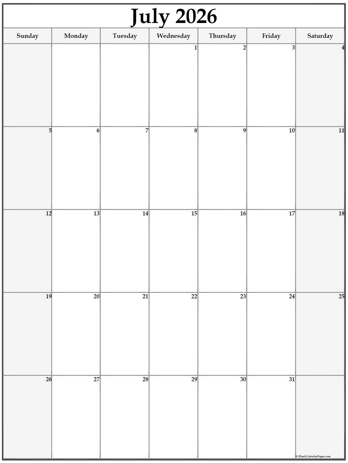 Free Printable Calendars July 2026