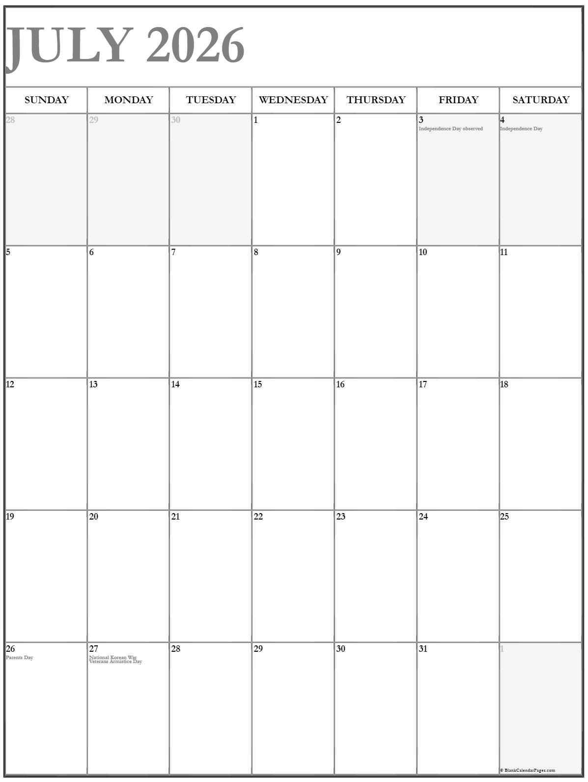 July 2026 Vertical Calendar Portrait
