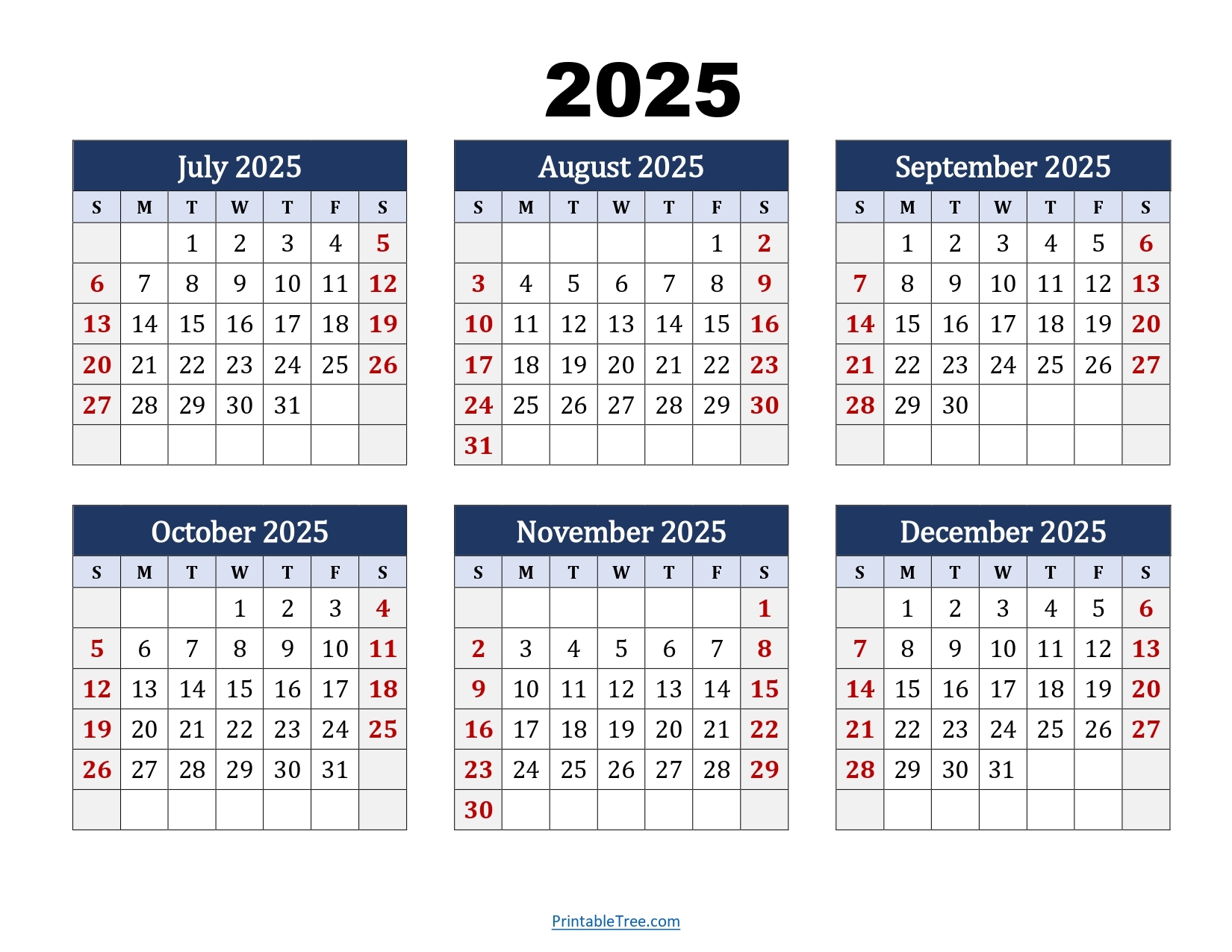 July To December 2025 Calendar Printable PDF Six Months Calendar