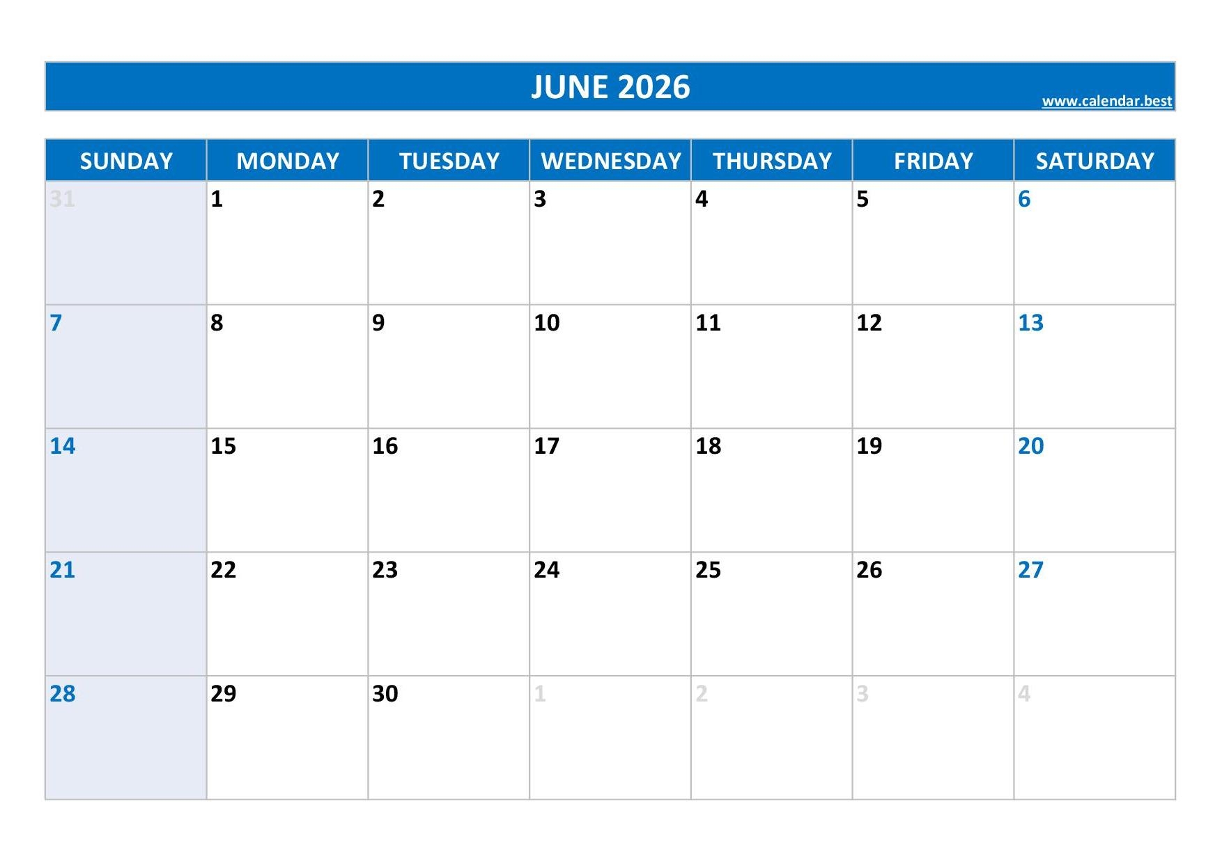 June 2026 Calendar Printable Pdf