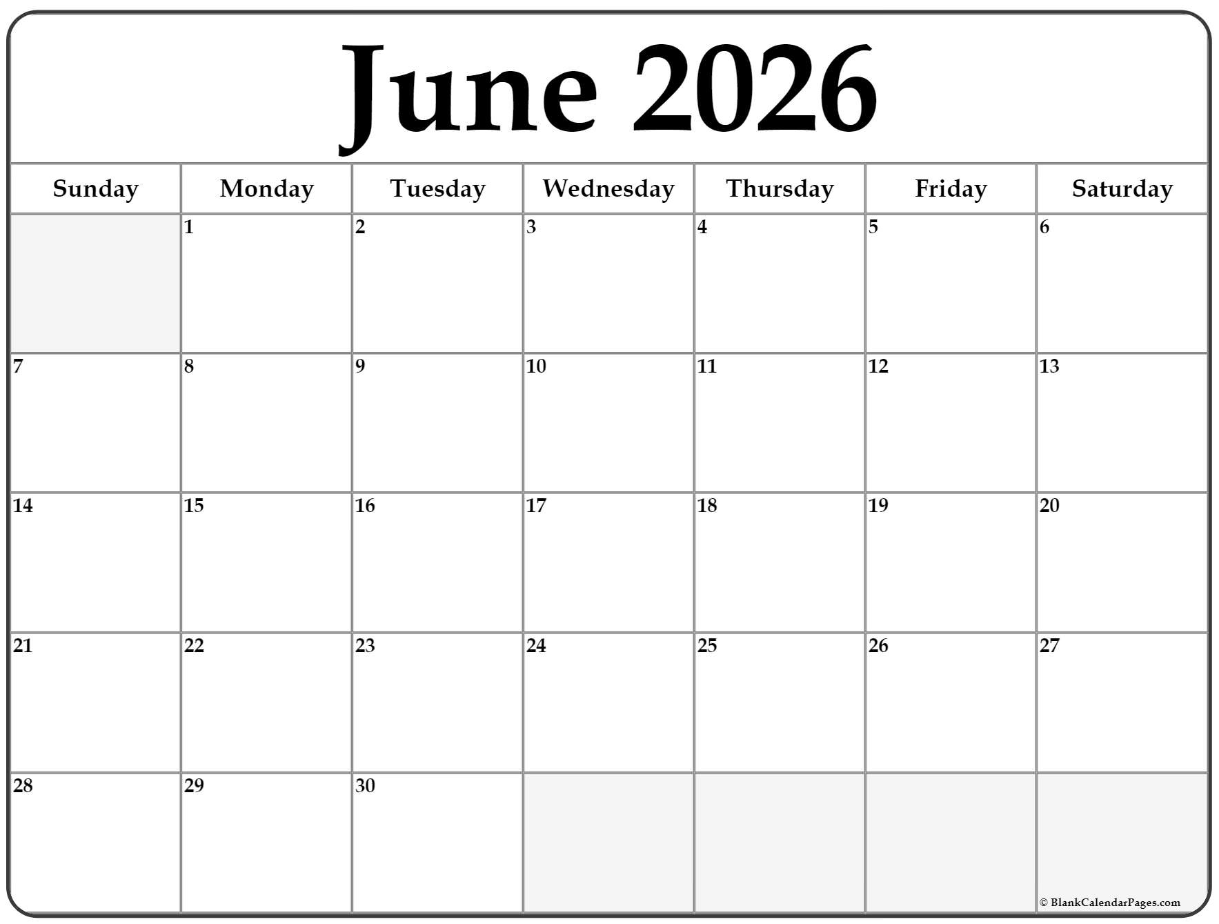 June 2026 Calendar Free Printable Calendars