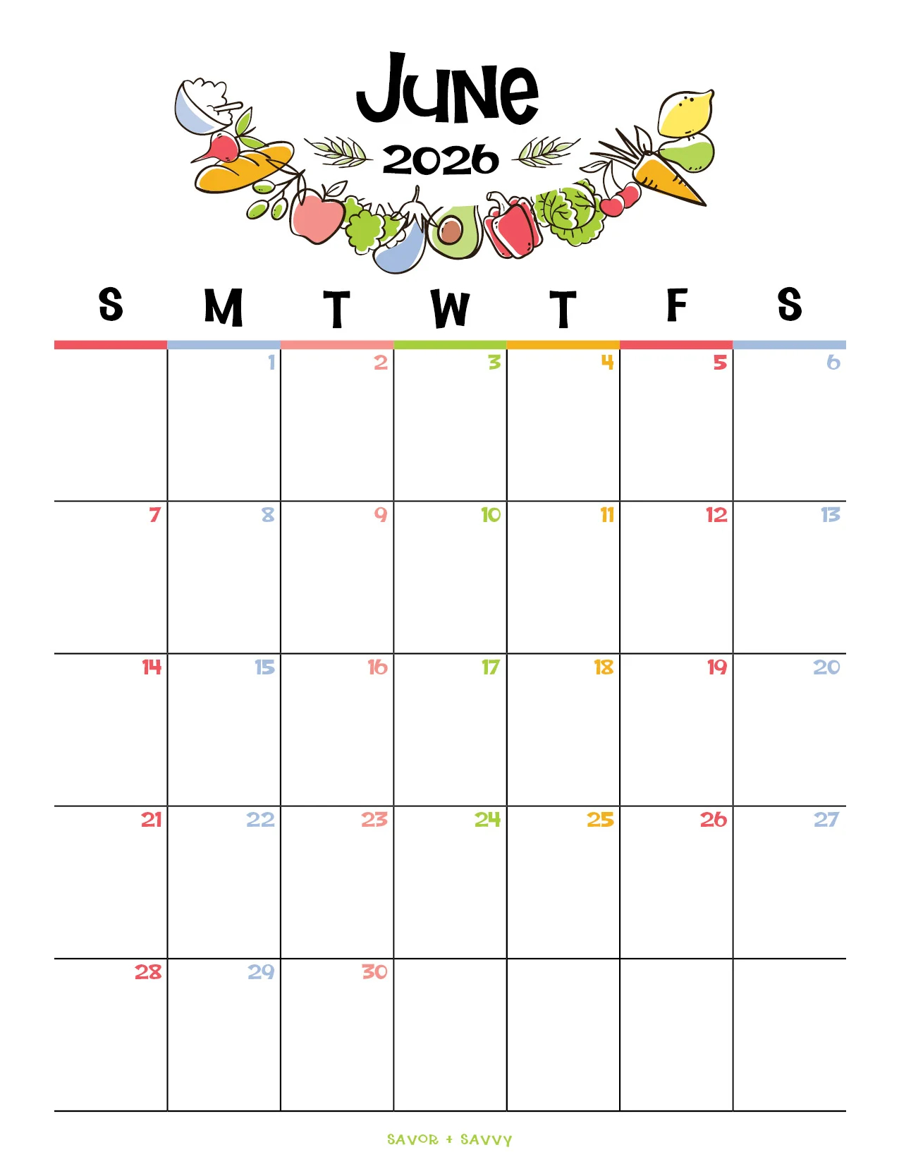 Printable Calendar June 2026 Word