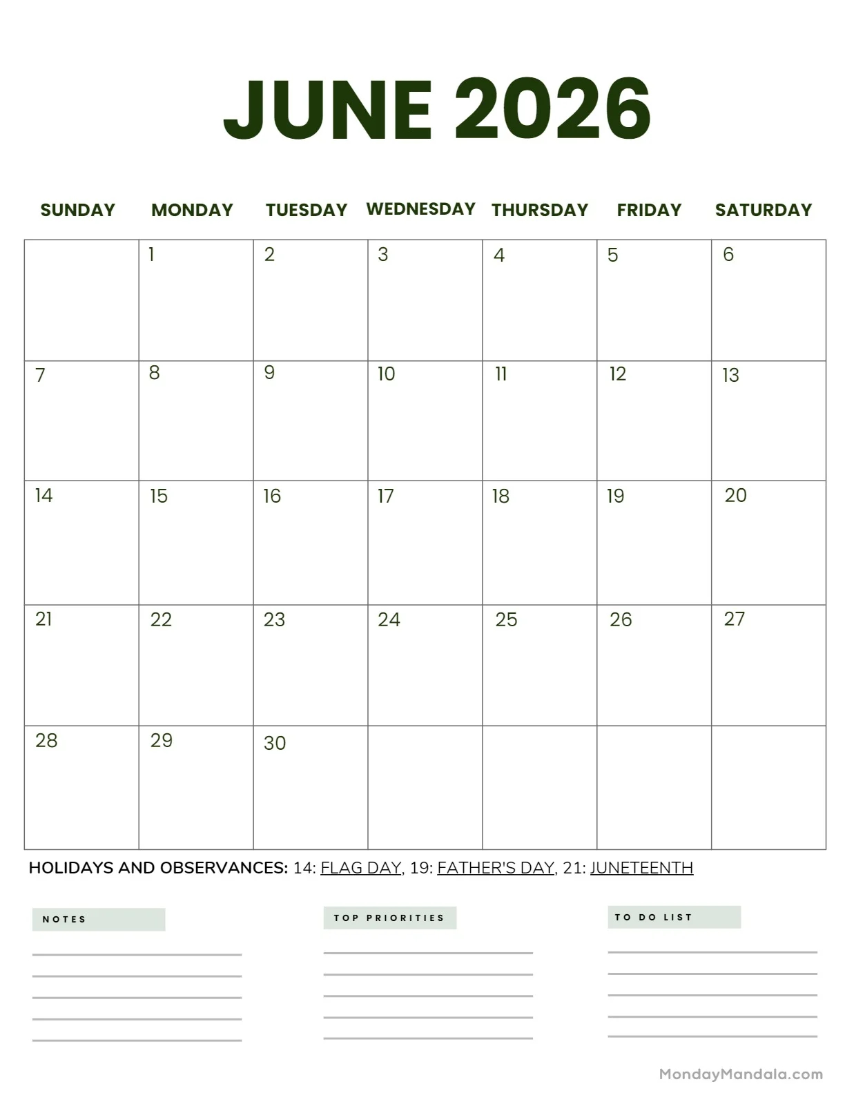 Printable June Calendar 2026