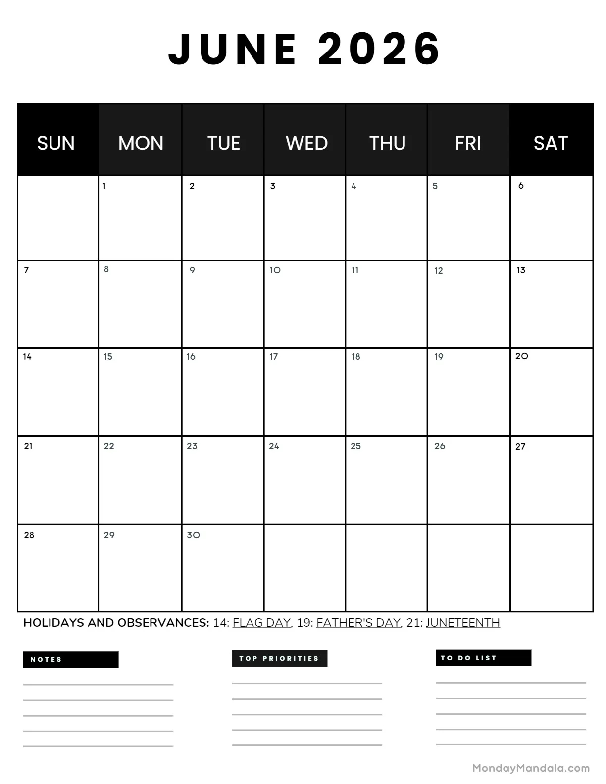 2026 Printable Calendar June