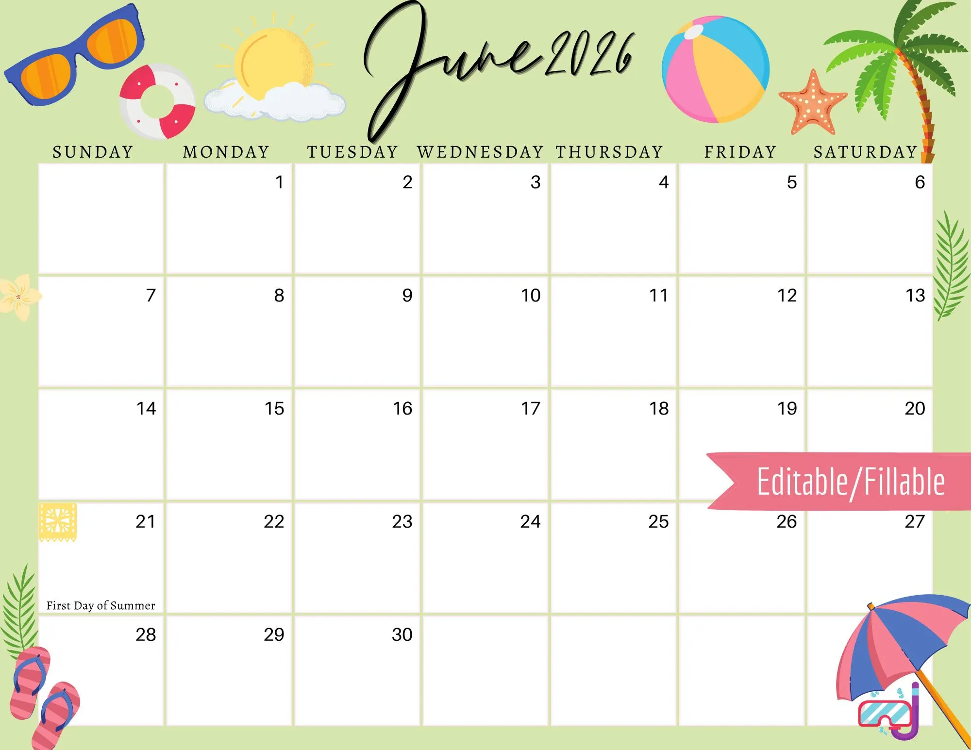June 2026 Digital Calendar Light Green Summer Planner Editable Fillable Printable Calendar For Planning PDF PNG And JPG Download Etsy