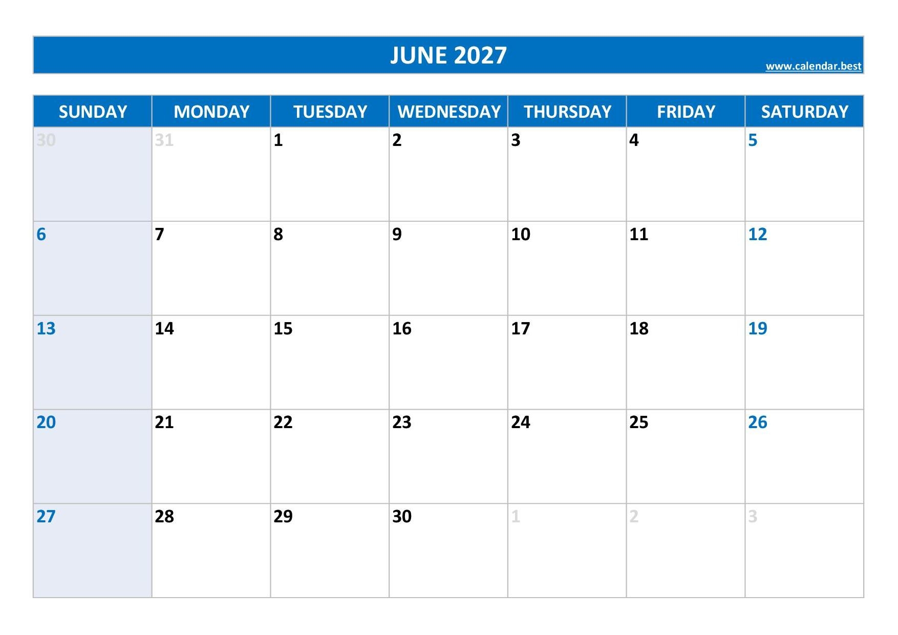 June 2027 Calendar Calendar best