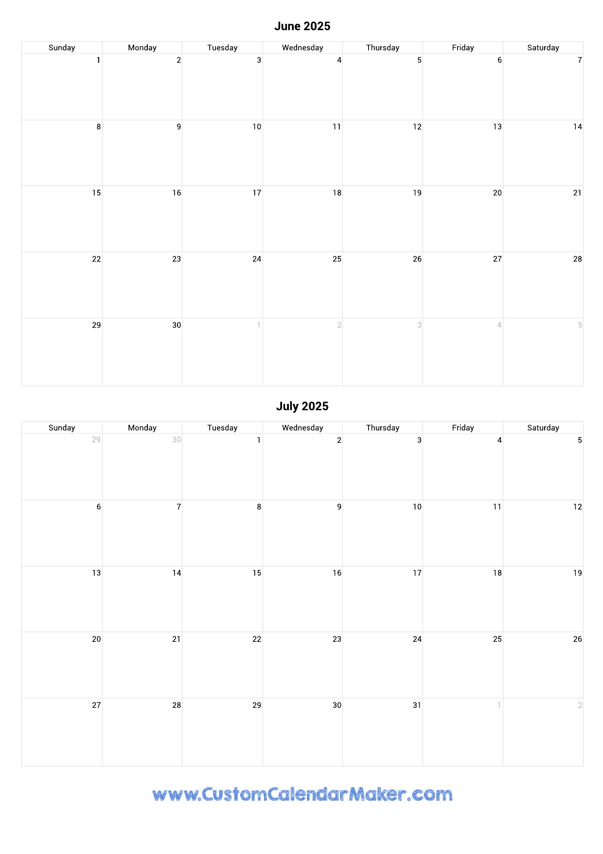 2027 June And July Calendar Printable