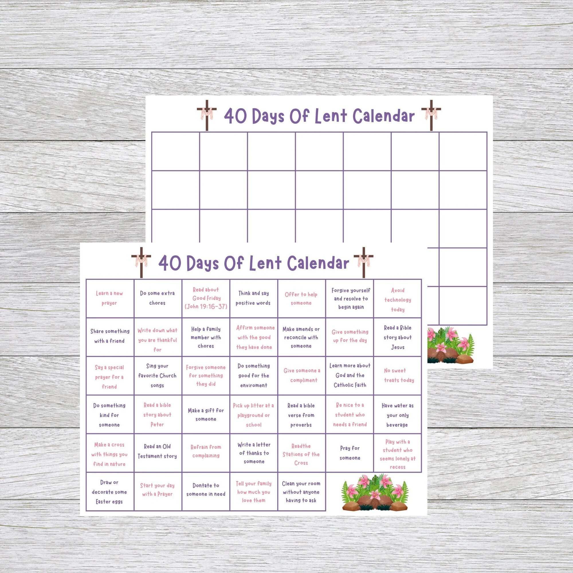 Kids Lenten Calendar 2 Set Kids Lent Activity 40 Days Of Lent Christian Catholic Lenten Activity Easter Activities For Adults And Kids Etsy