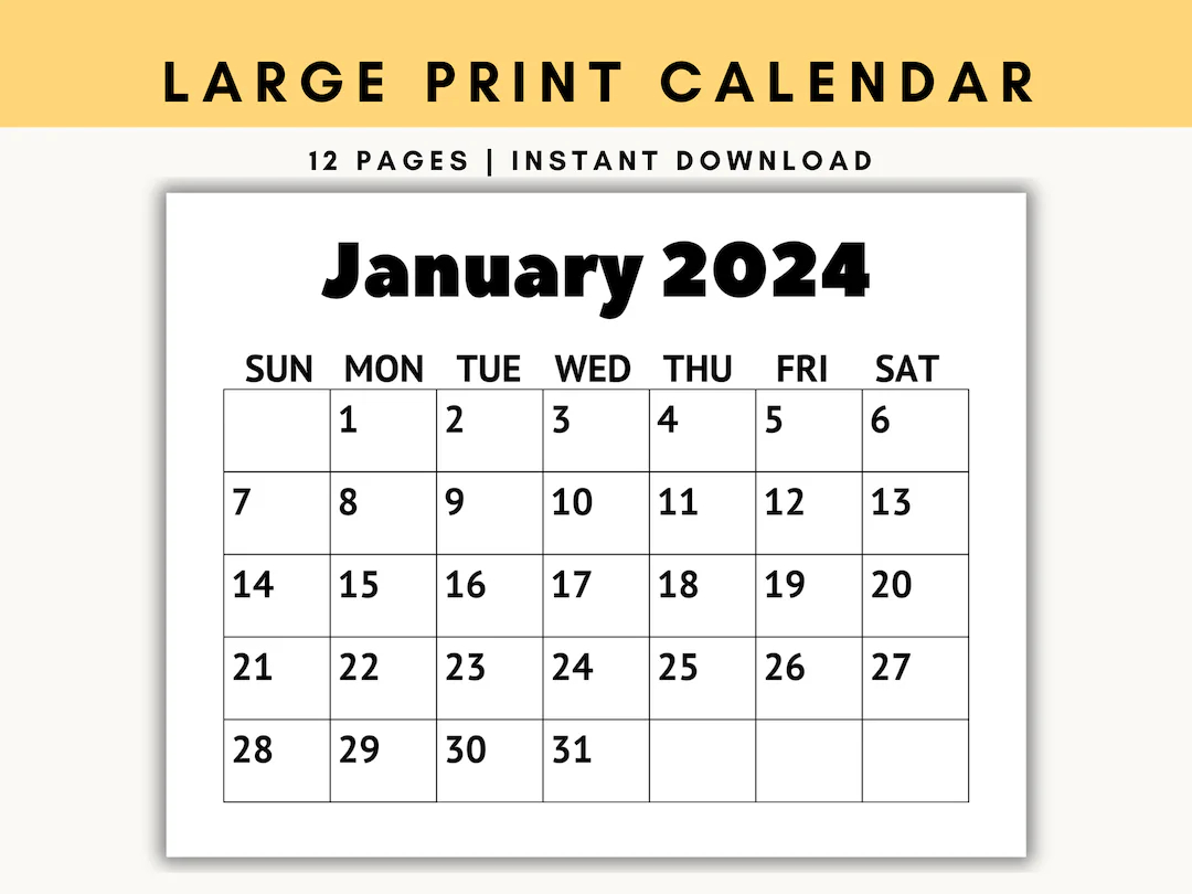 Large Print Calendar 2024 Monthly Calendar Calendar For Senior Citizens Calendar With Large Numbers Printable Calendar Sunday Start Etsy
