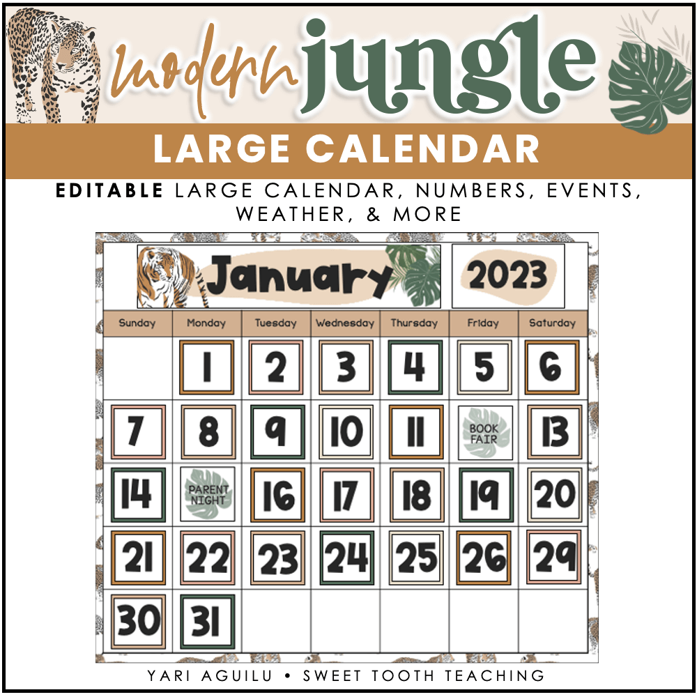 Large Printable Calendar Modern Jungle Theme Classroom Decor Shop Sweet Tooth Teaching