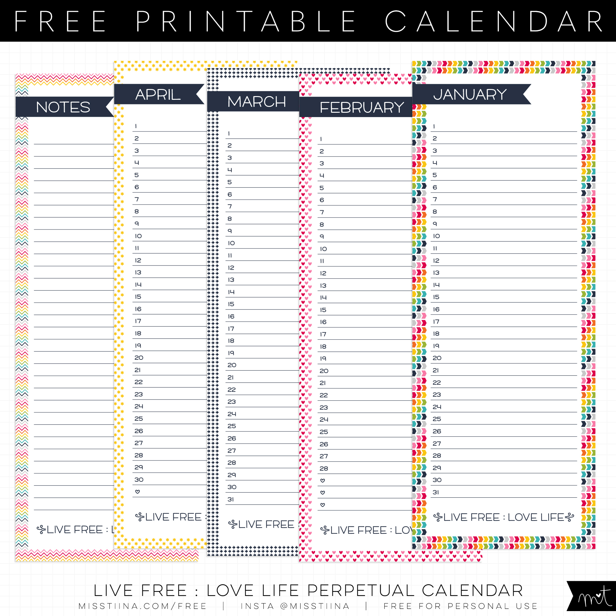 Live Free Love Life Perpetual Calendar CU FREE Printables Miss Tiina Tina Raparanta
