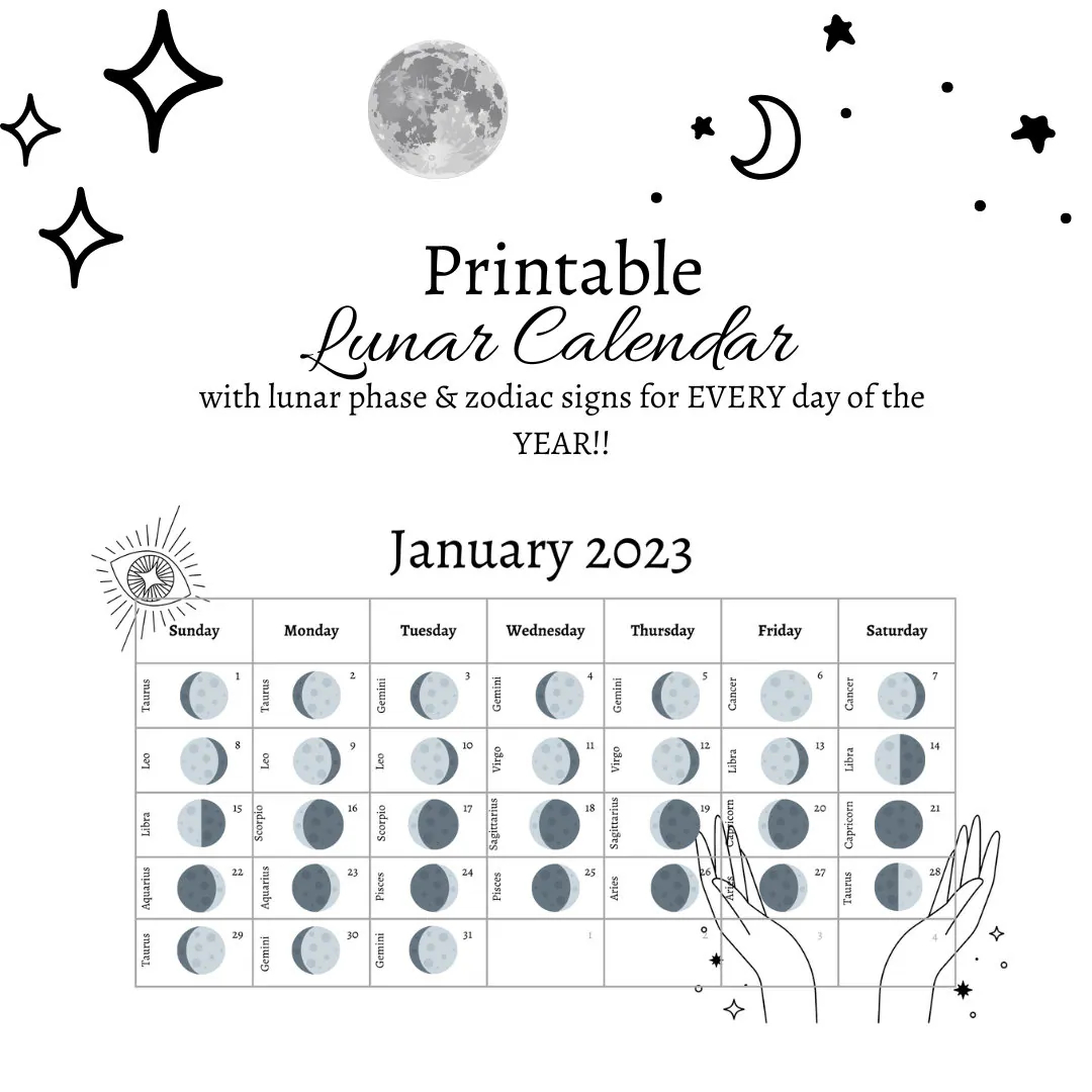 Lunar Calendar 2023 Printable Zodiac Calendar Downloadable Moon Calendar Etsy