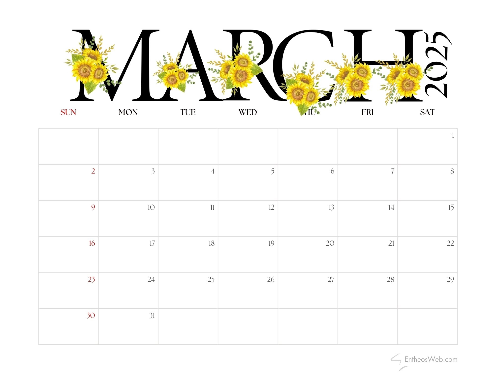 March Calendar Printable Free