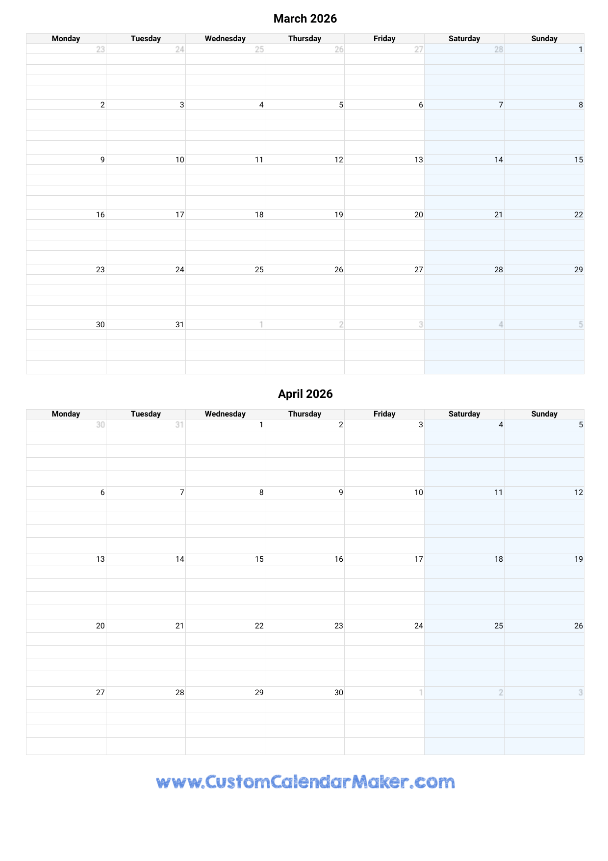 March And April 2026 Calendar Custom Calendar Maker