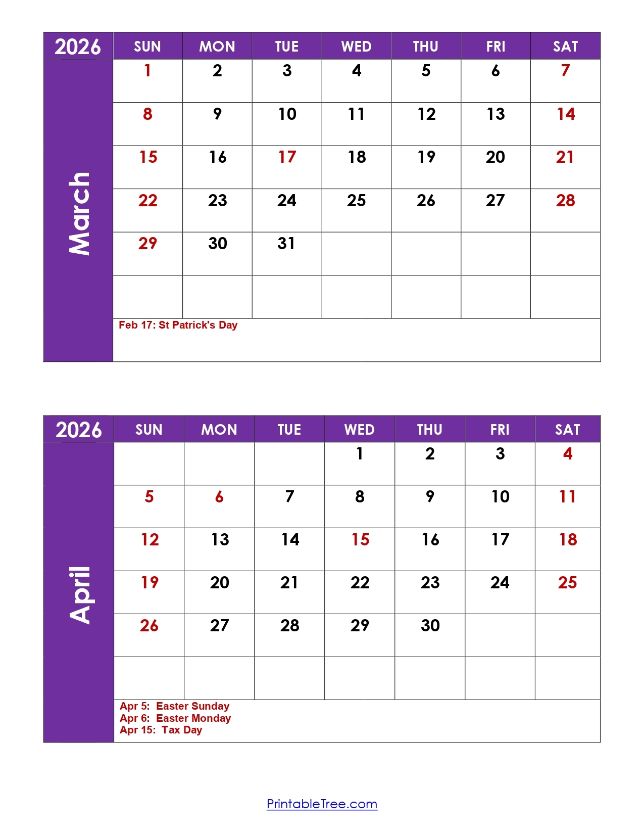 Free Printable April 2026 Calendar With Holidays