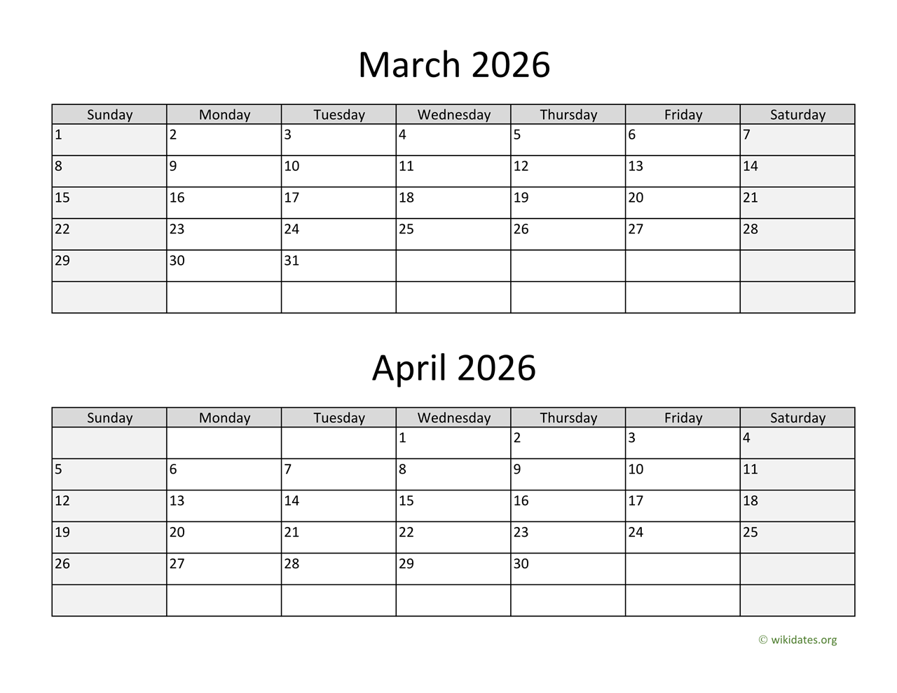 April 2026 Printable Calendar