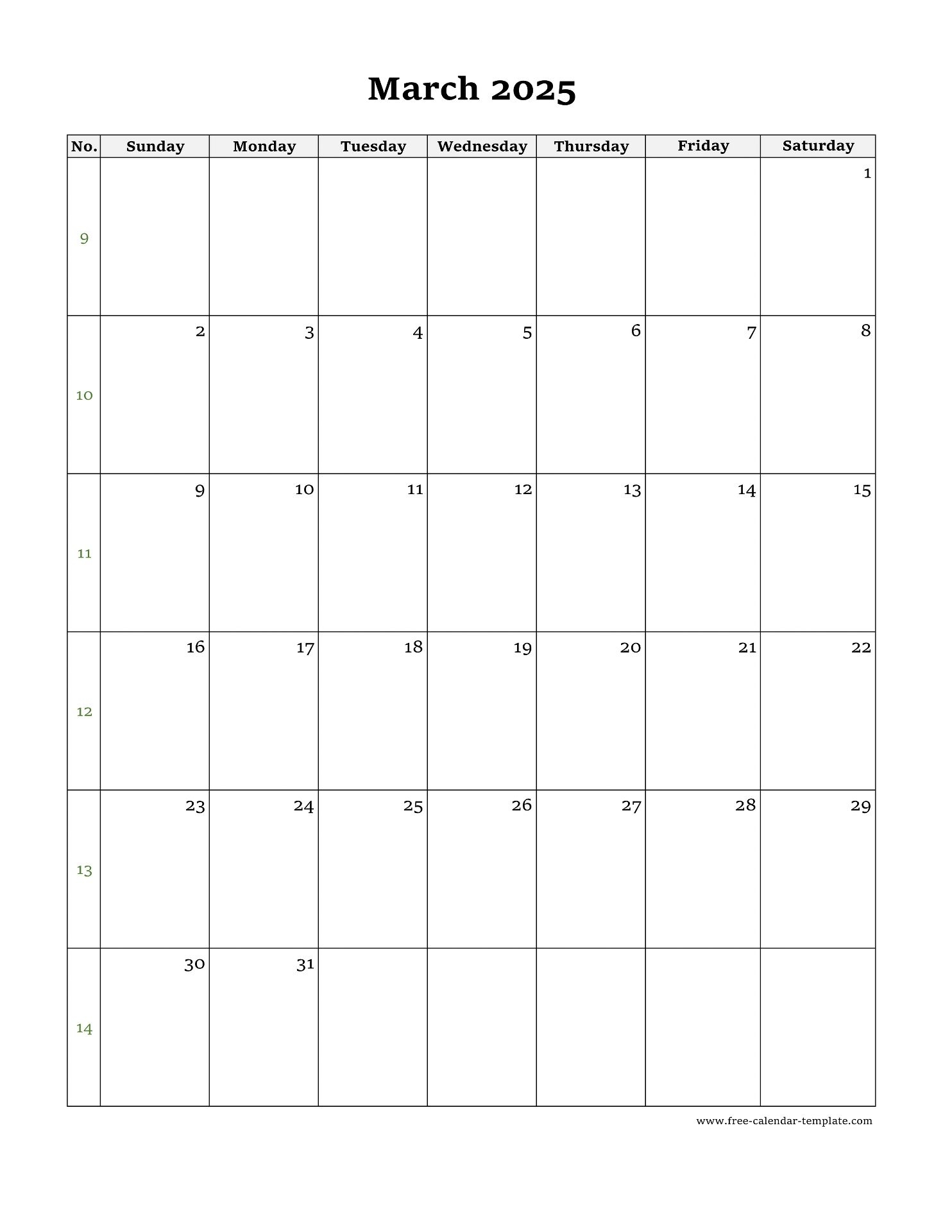 March Calendar 2025 Simple Design With Large Box On Each Day For Notes Free calendar template
