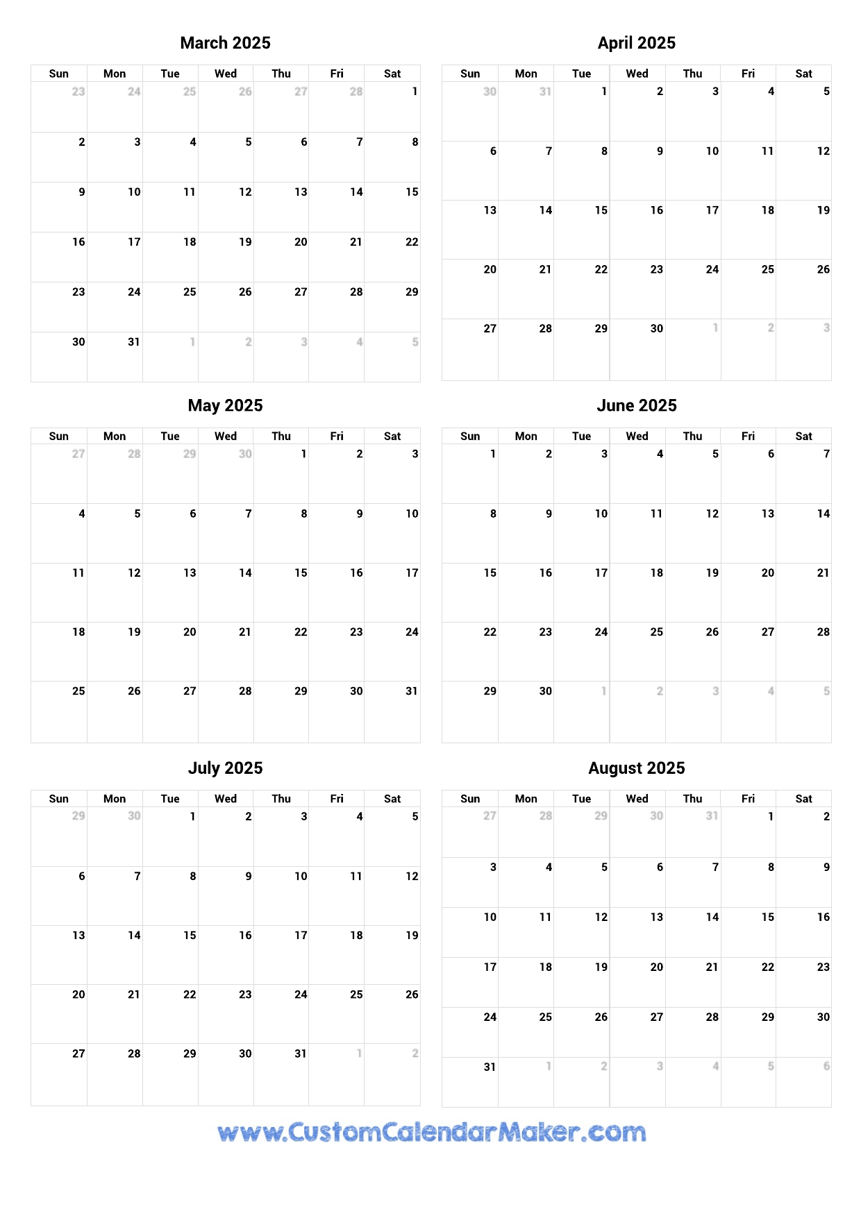 2025 Year Calendar Printable 6 Month