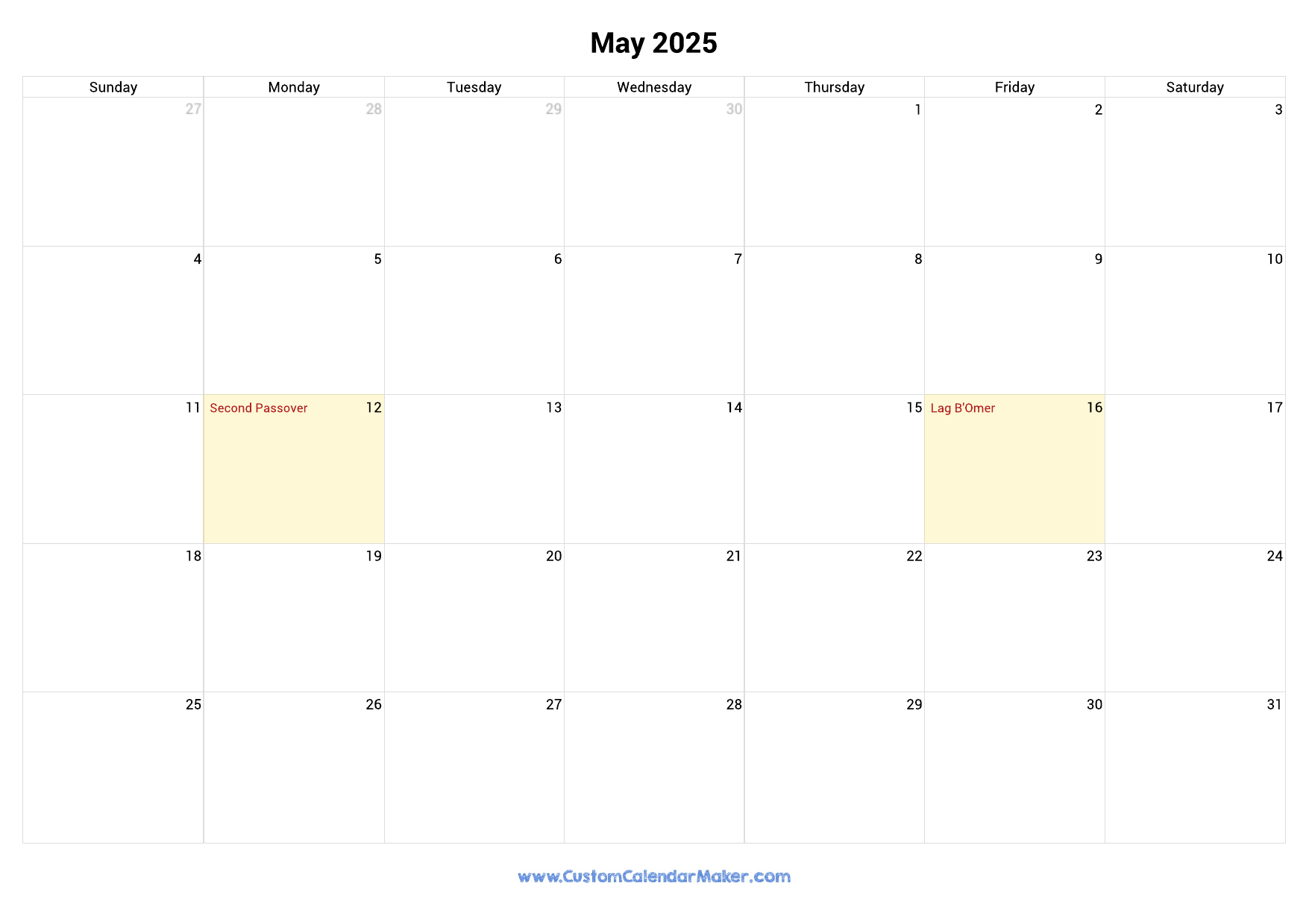 May 2025 Jewish Calendar With Hebrew Holidays Custom Calendar Maker